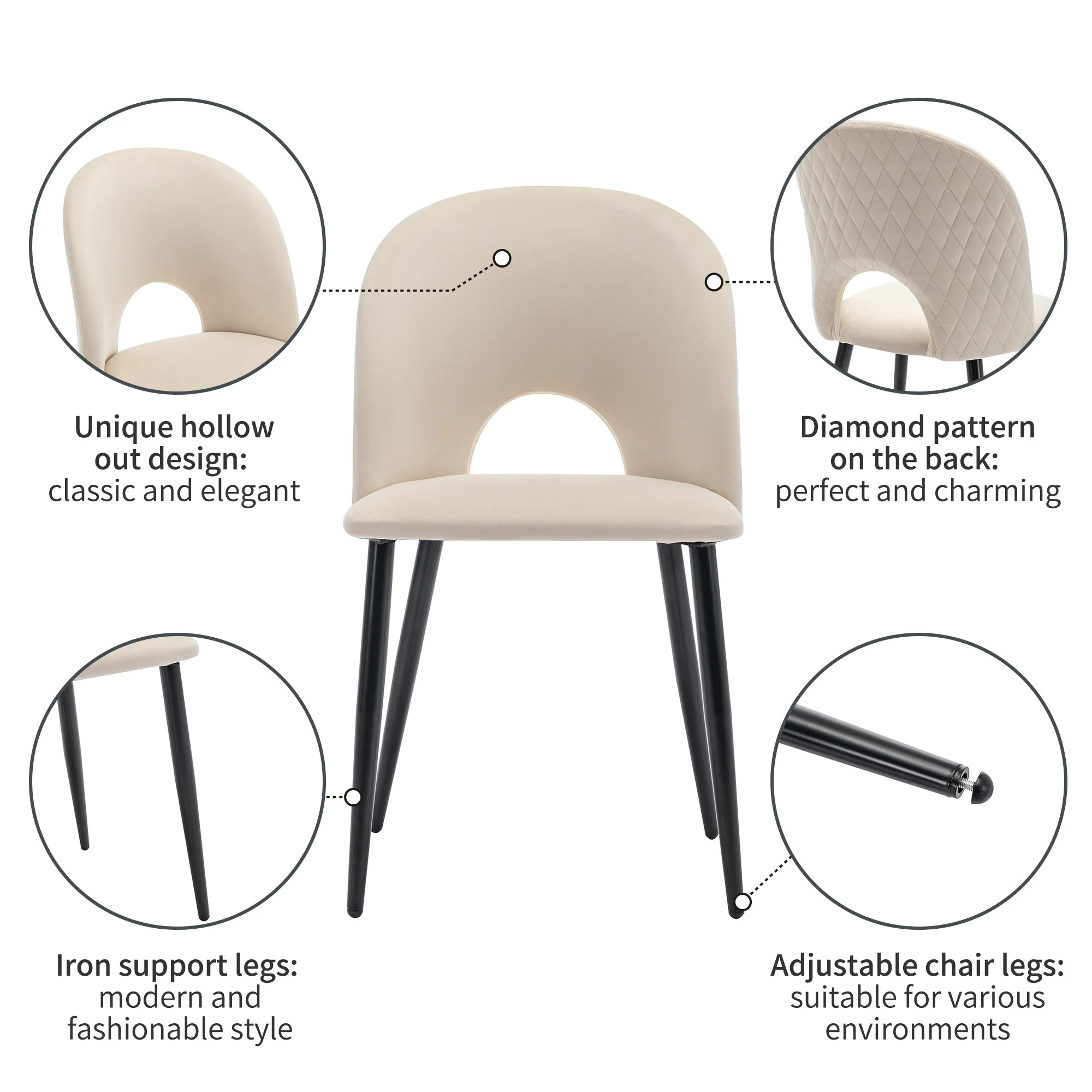 Dining Chair (4 Pieces), Upholstered with Velvet Seat, Metal Frame, Beige - Image 10