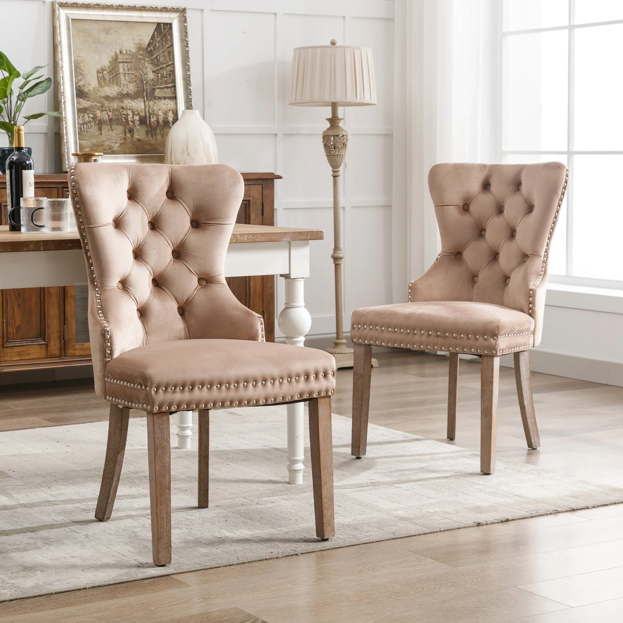 Dining Chair Velvet Upholstered Door Knocker Nailhead Trim Solid Wood Legs 2-Piece Brown