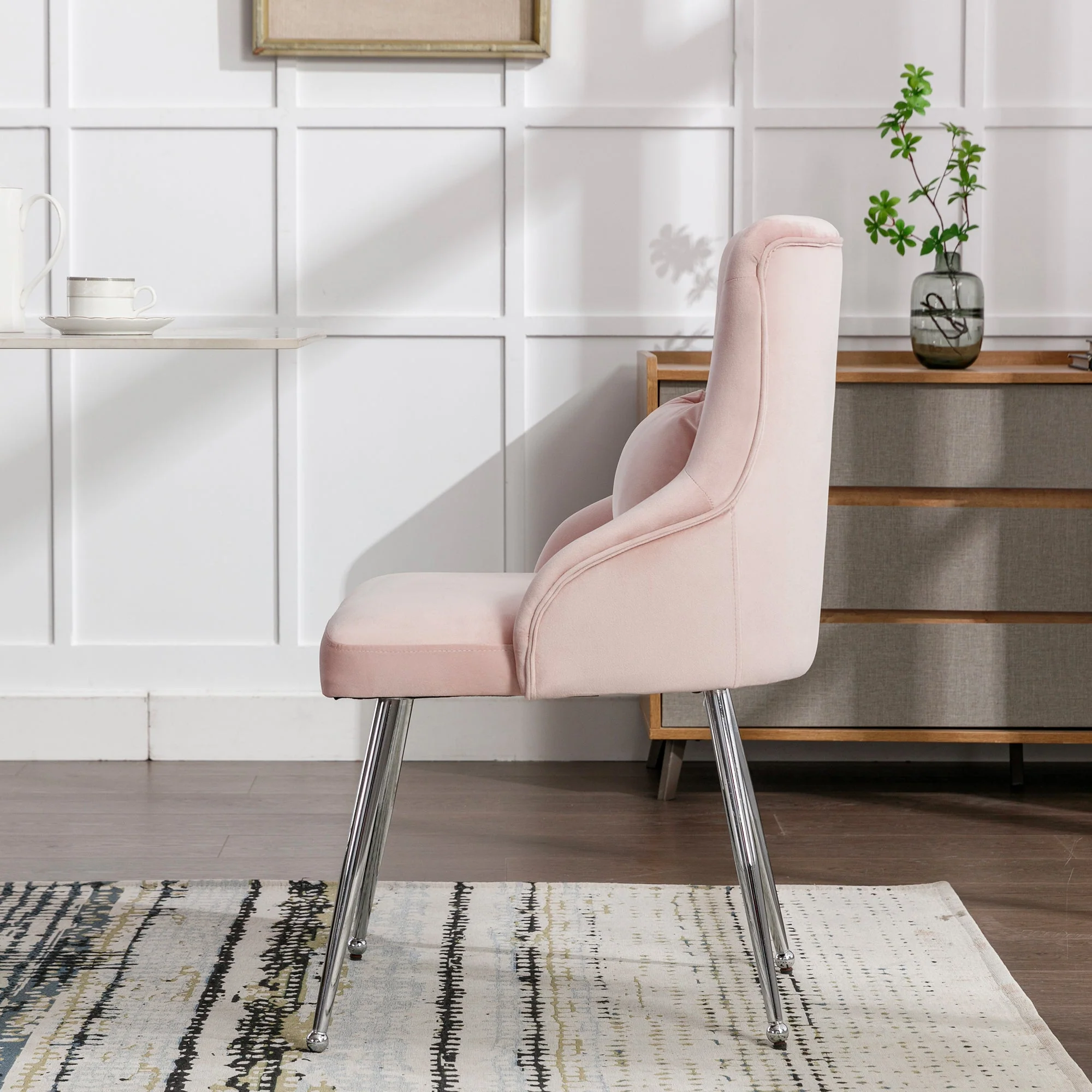 Dining Chair with Button Pattern and Lumbar Cushion, Pink - Image 4