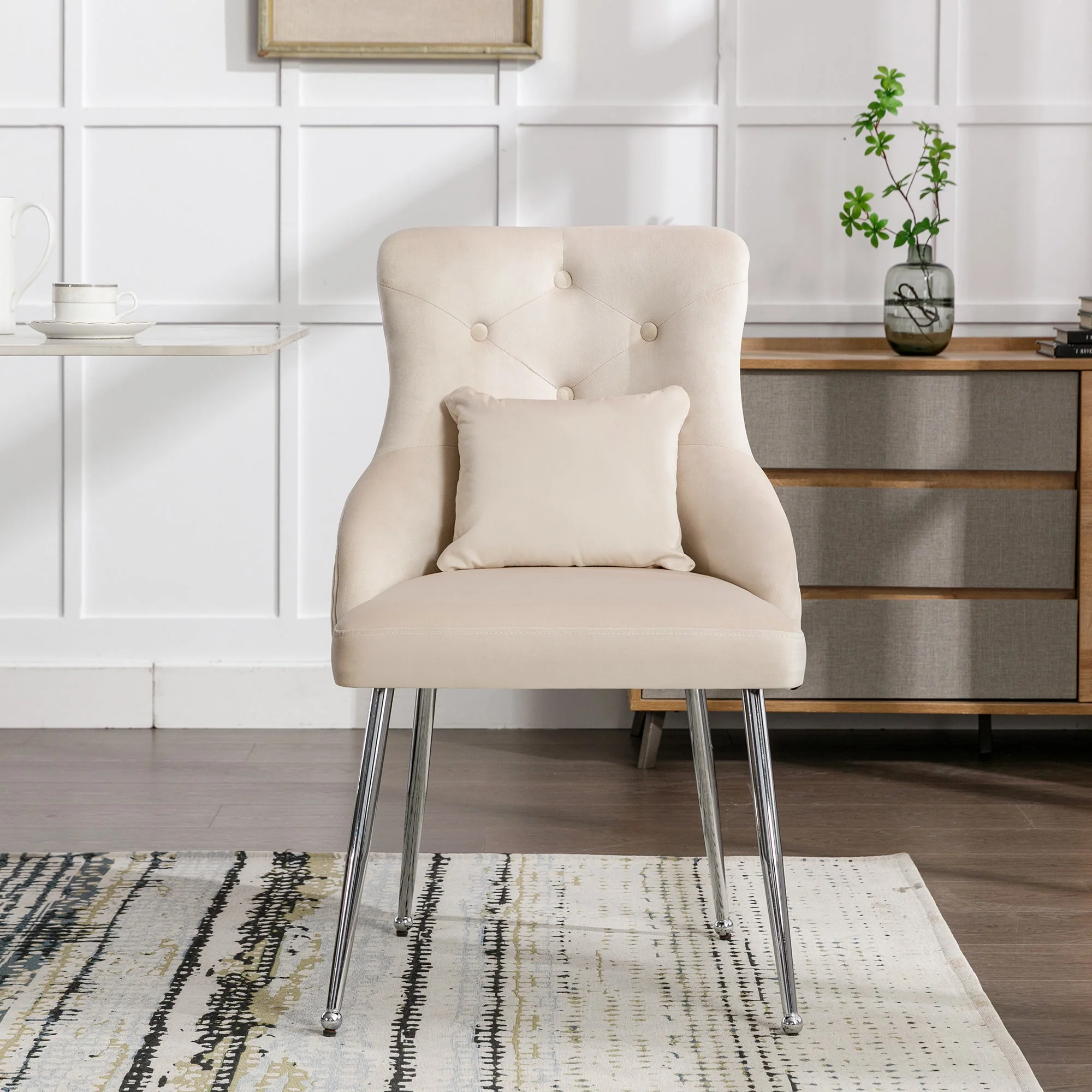 Dining Chair with Button Pattern and Lumbar Cushion, Upholstered with Metal Legs, Beige - Image 3