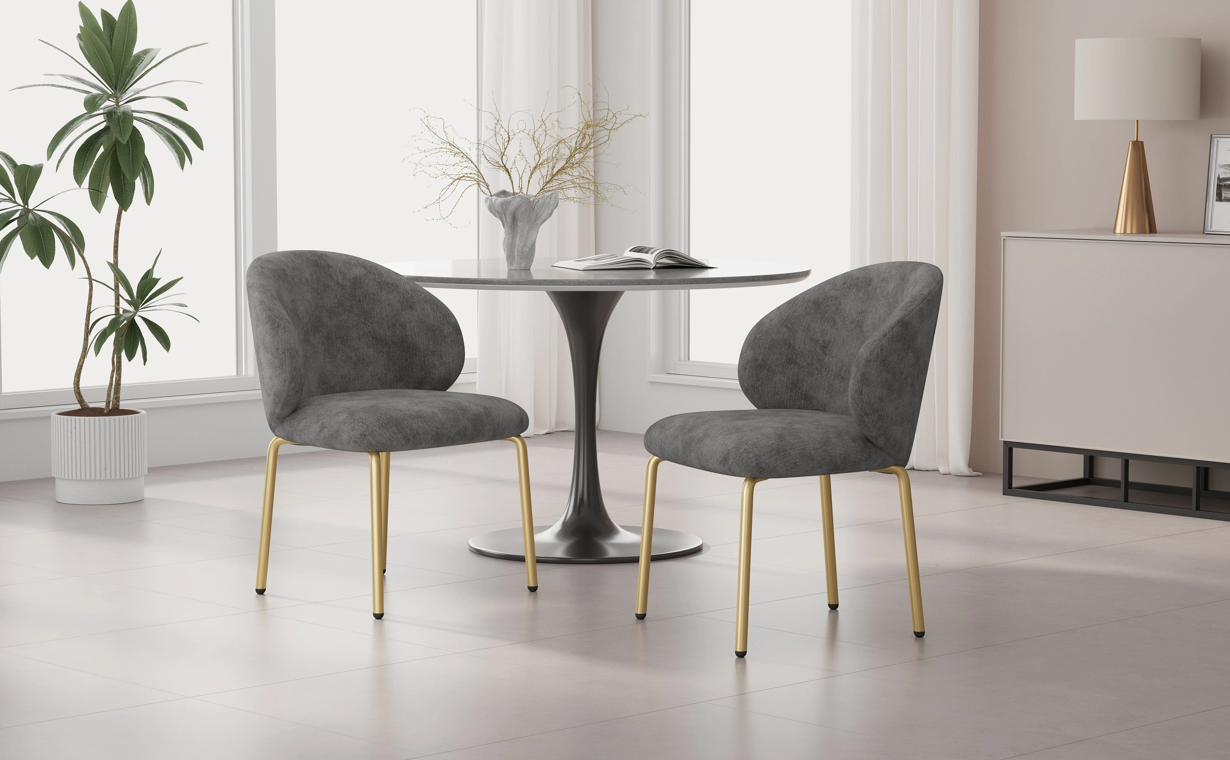 Dining Chairs and Lounge Chairs with Gold Legs, Set of 2, Grey Chenille - Image 4