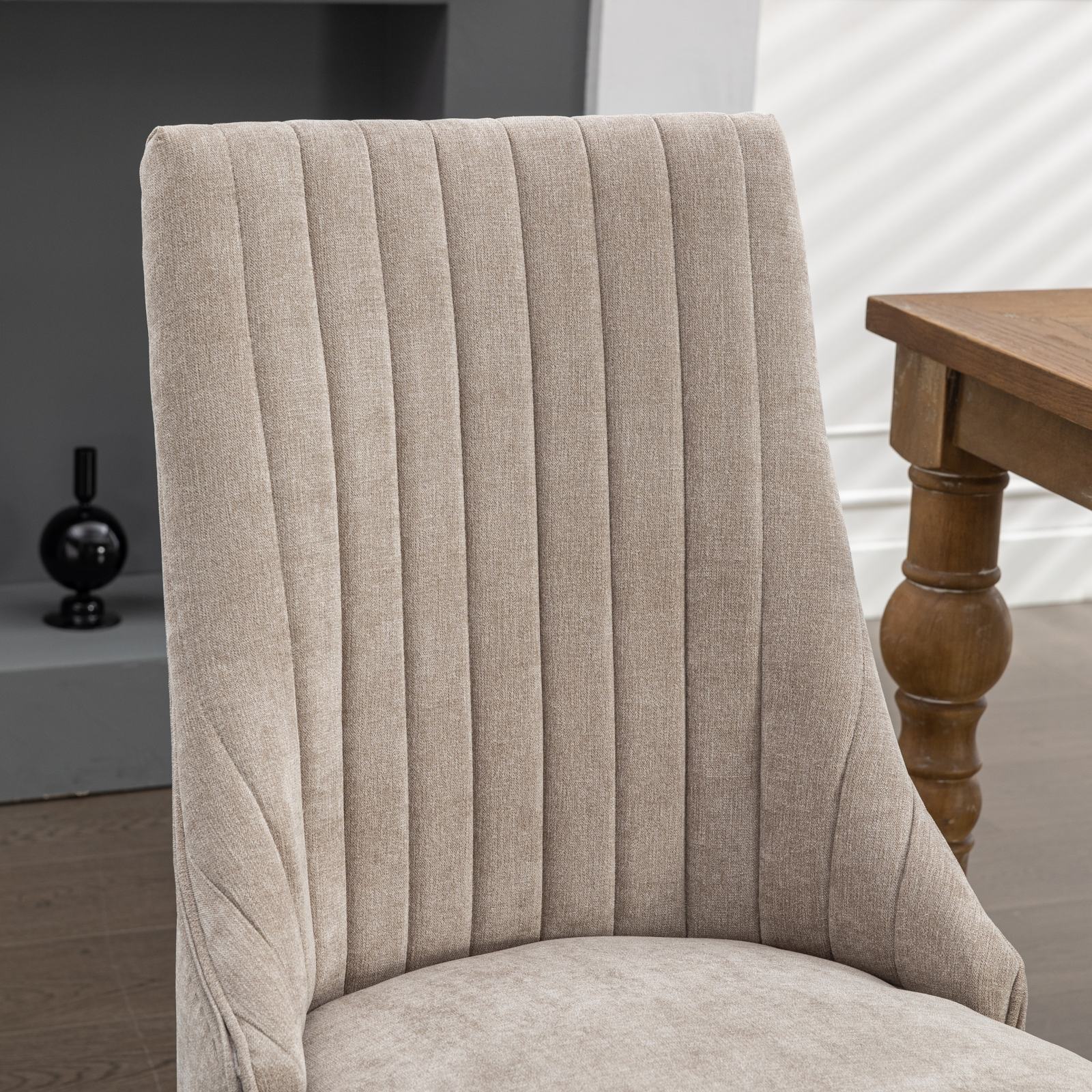 Dining Chairs Channel Upholstered Comfy Fabric Set of 2 with Curved Solid Wood Legs - Rayon Linen Beige - Image 9