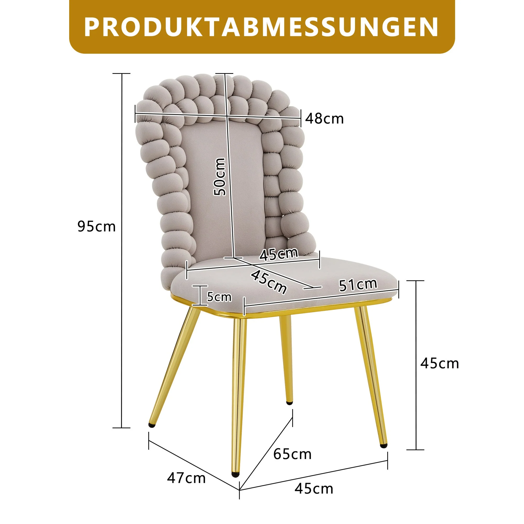 Dining Chairs (Set of 2) Ball Chain Backrest Gold-Plated Metal Legs, Light Grey Velvet - Image 3