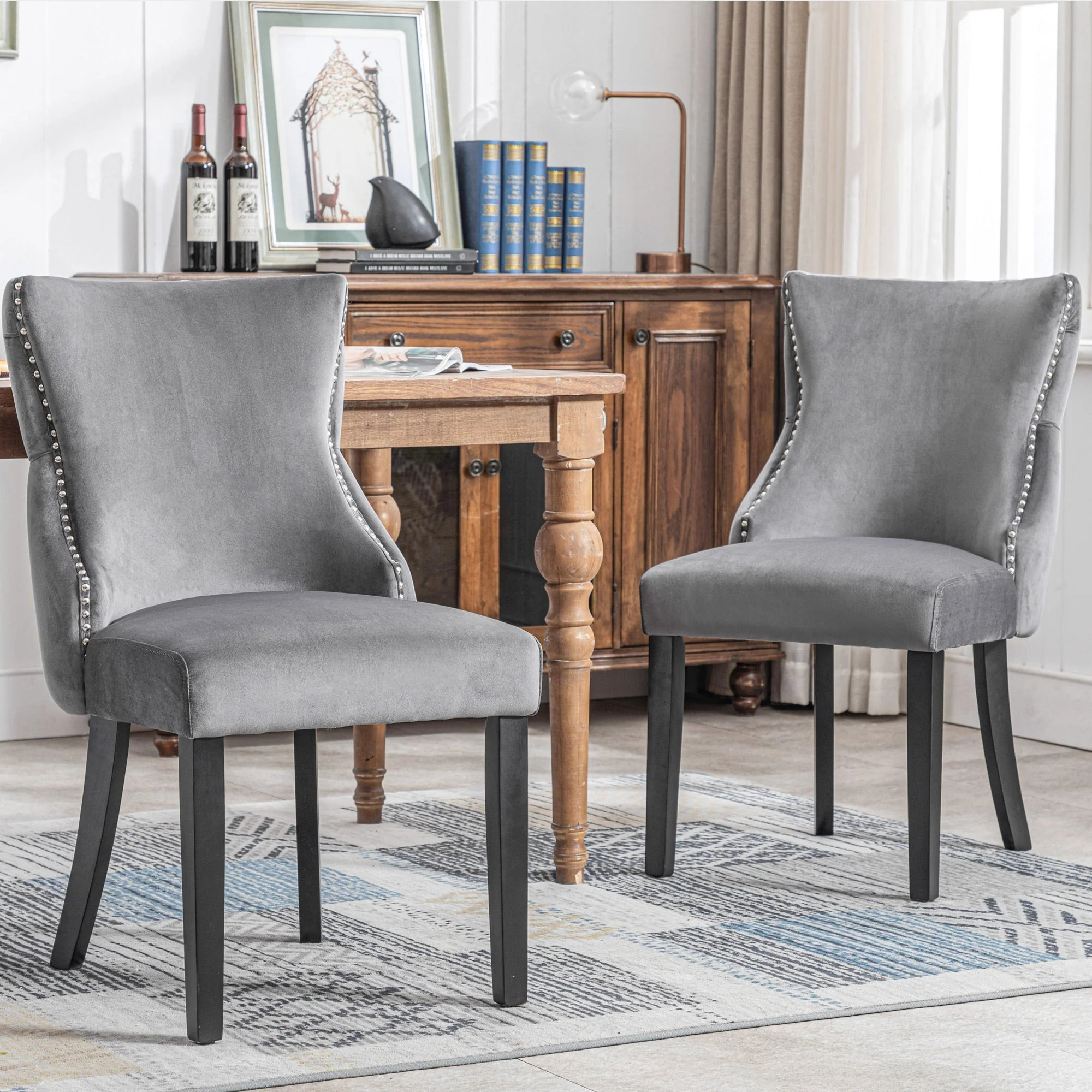 Dining Chairs (Set of 2) Button Tufting Solid Wood Frame, Grey Velvet - Image 2