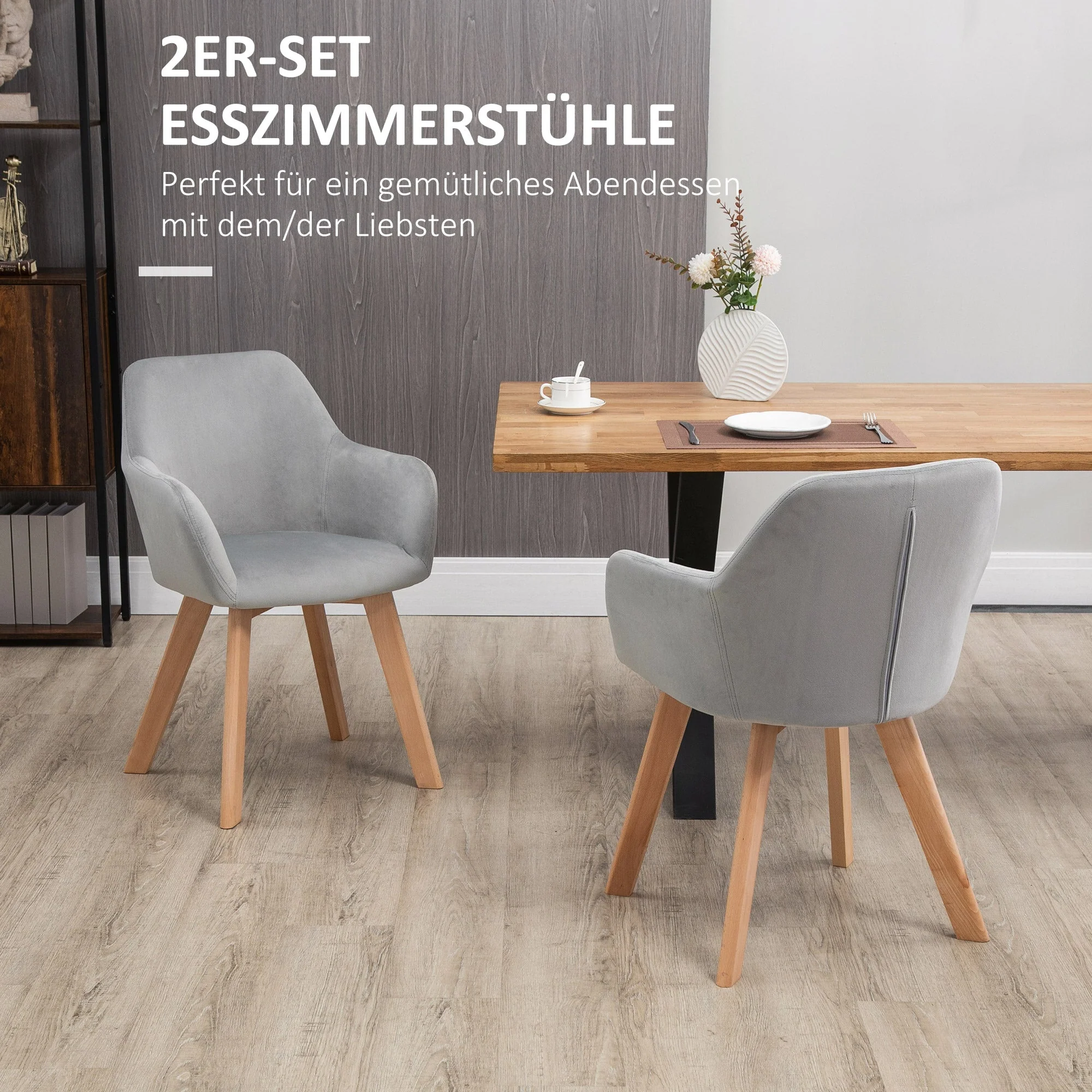 Dining Chairs Set of 2 Kitchen Chairs Armrests Backrest Wooden Legs, Velvet-Look Grey - Image 4