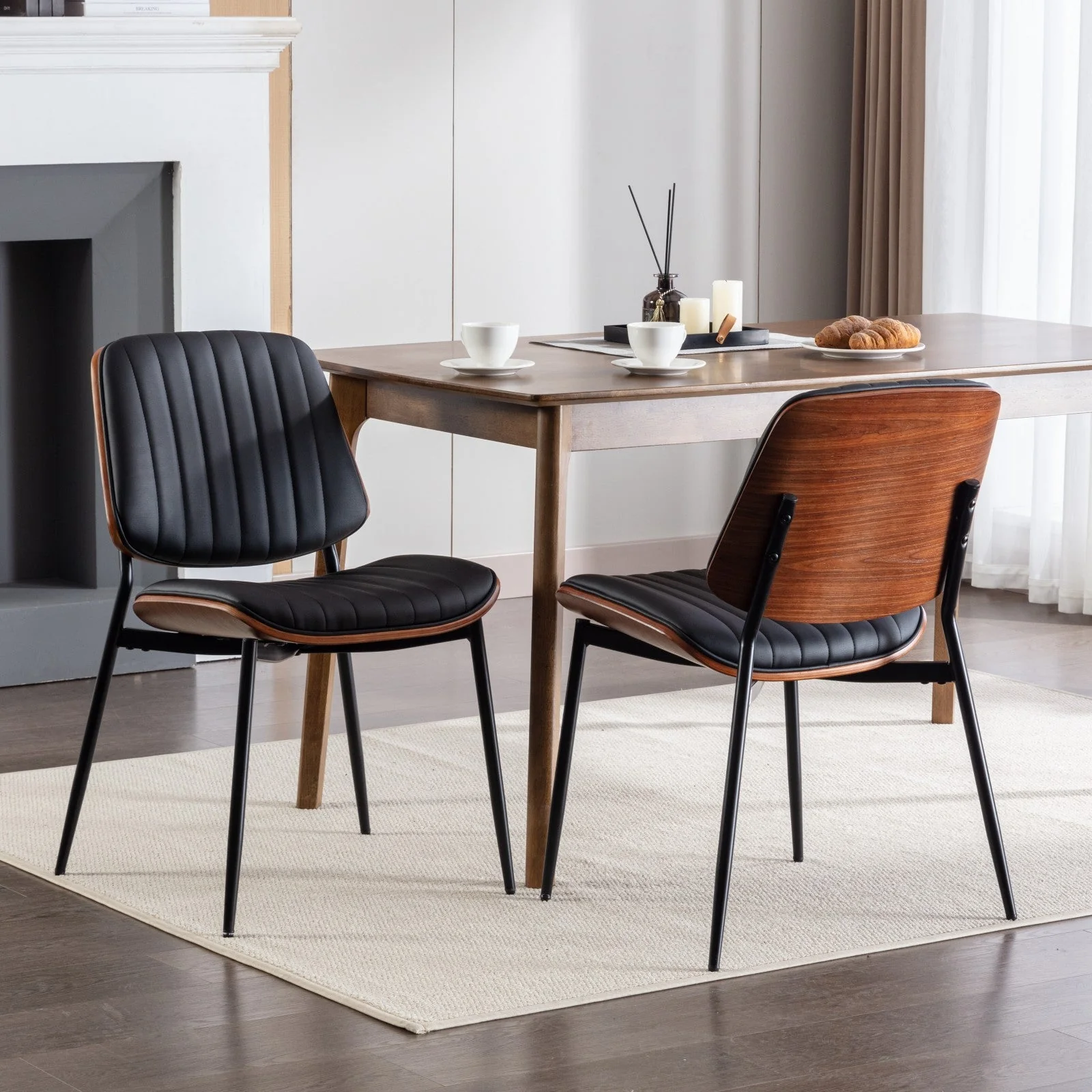 Dining Chairs Set of 2 Mid-Century Modern Retro Walnut Bentwood Back Upholstered Seat Metal Legs - Black Faux Leather