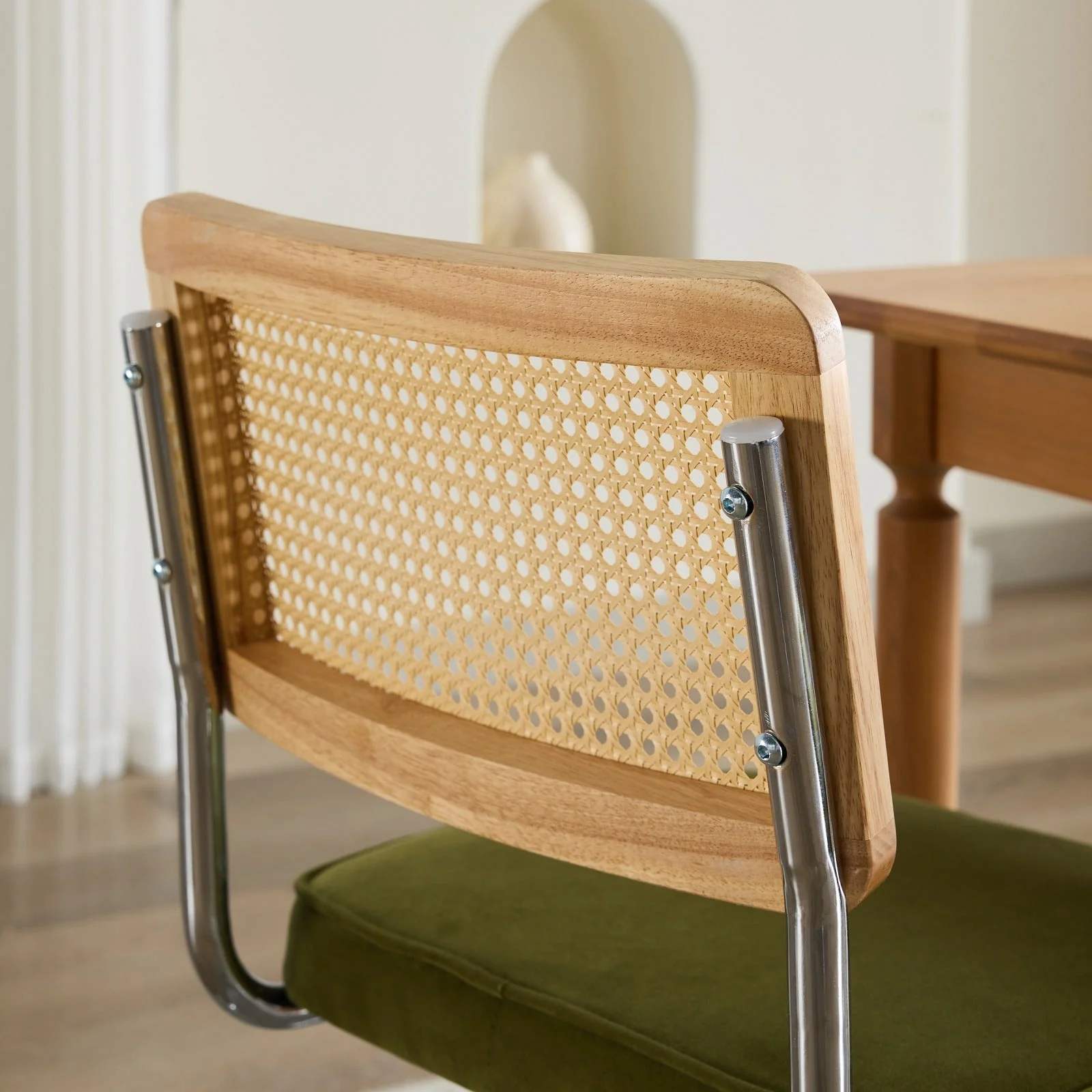 Dining Chairs Set of 2 Mid Century Modern Velvet Cane Back Chrome Base - Olive Green - Image 8