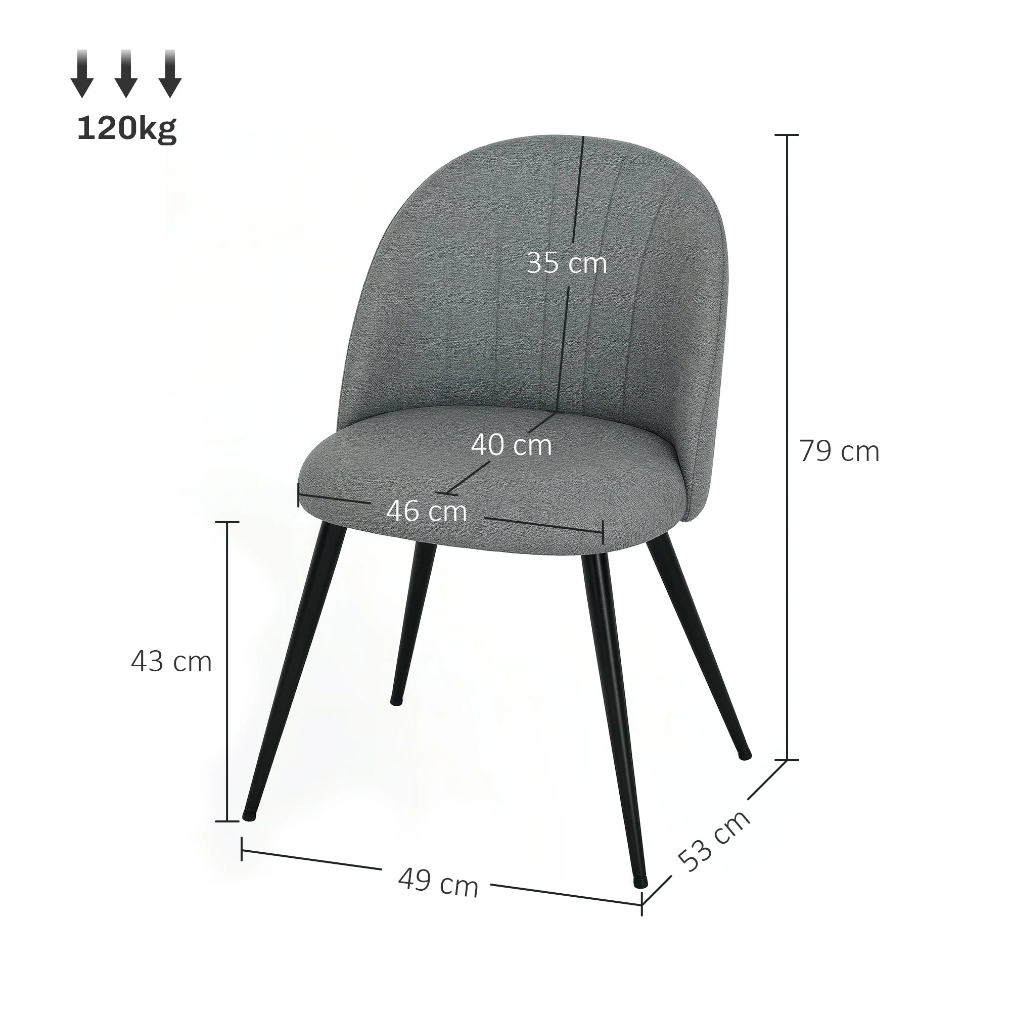 Dining Chairs Set of 2, Modern Upholstered Shell Back Metal Legs Padded Seat, Grey - Image 3