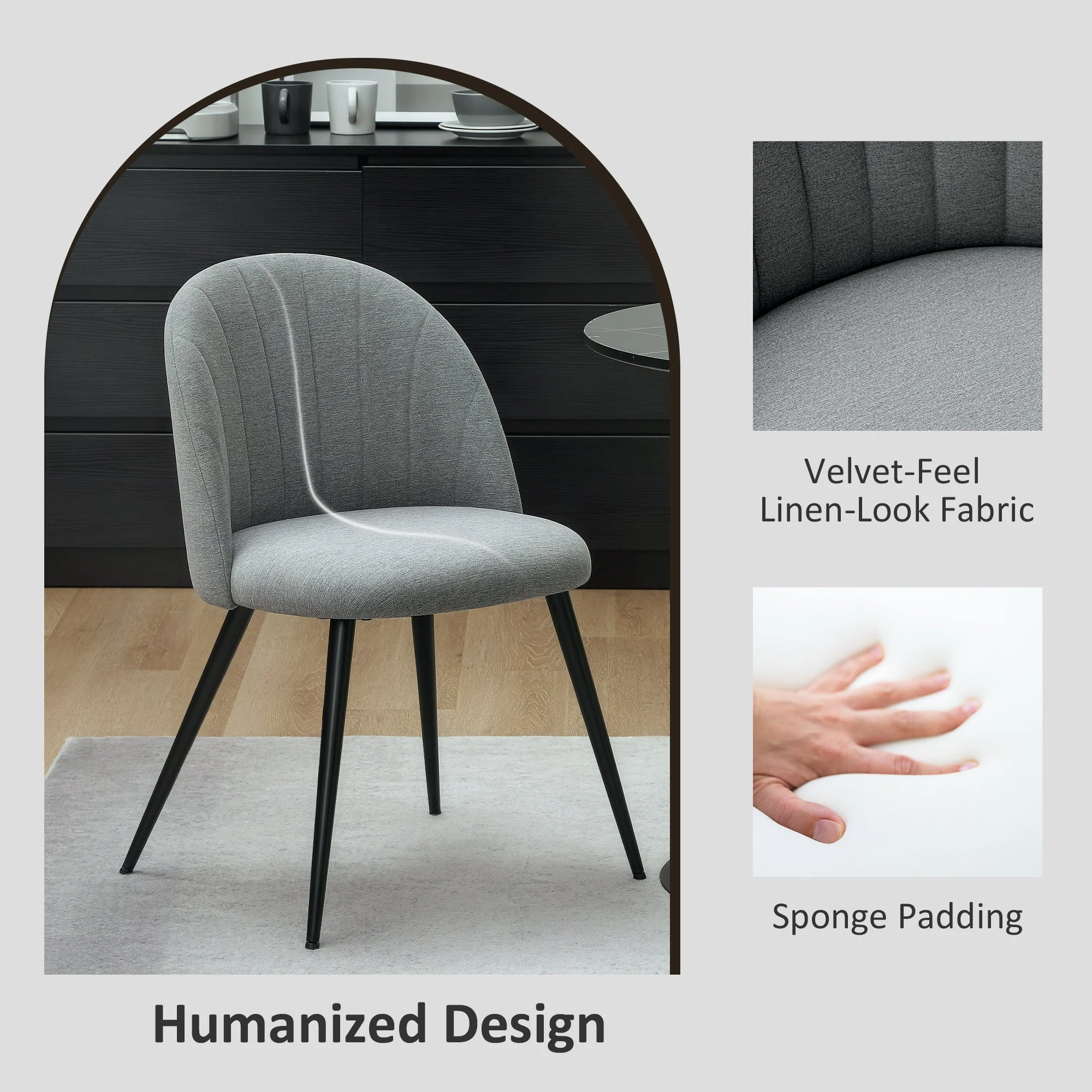 Dining Chairs Set of 2, Modern Upholstered Shell Back Metal Legs Padded Seat, Grey - Image 5