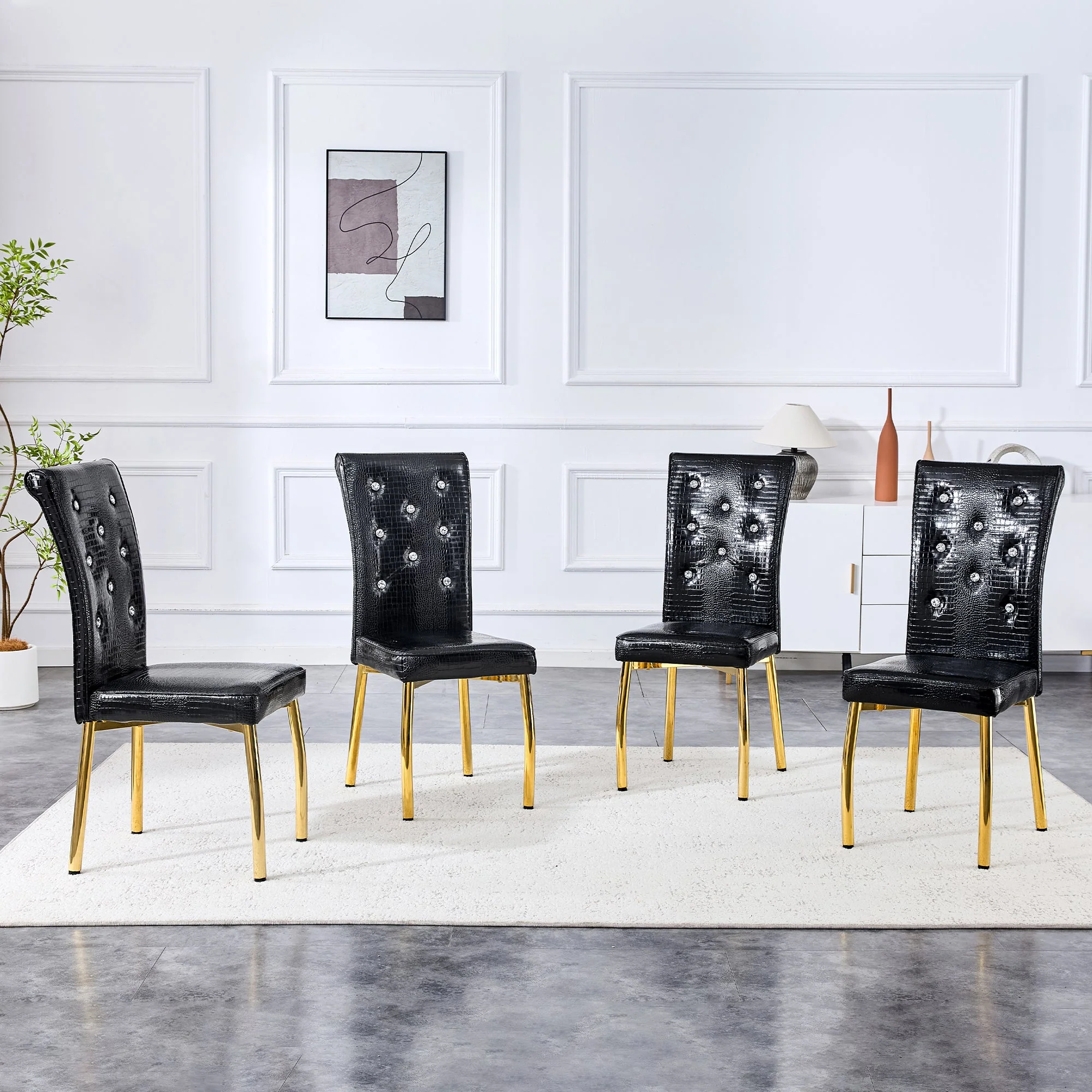 Dining Chairs Set of 2 Retro Upholstered Alligator-Skin Crystal Buckle Gold Legs Faux Leather - Image 5