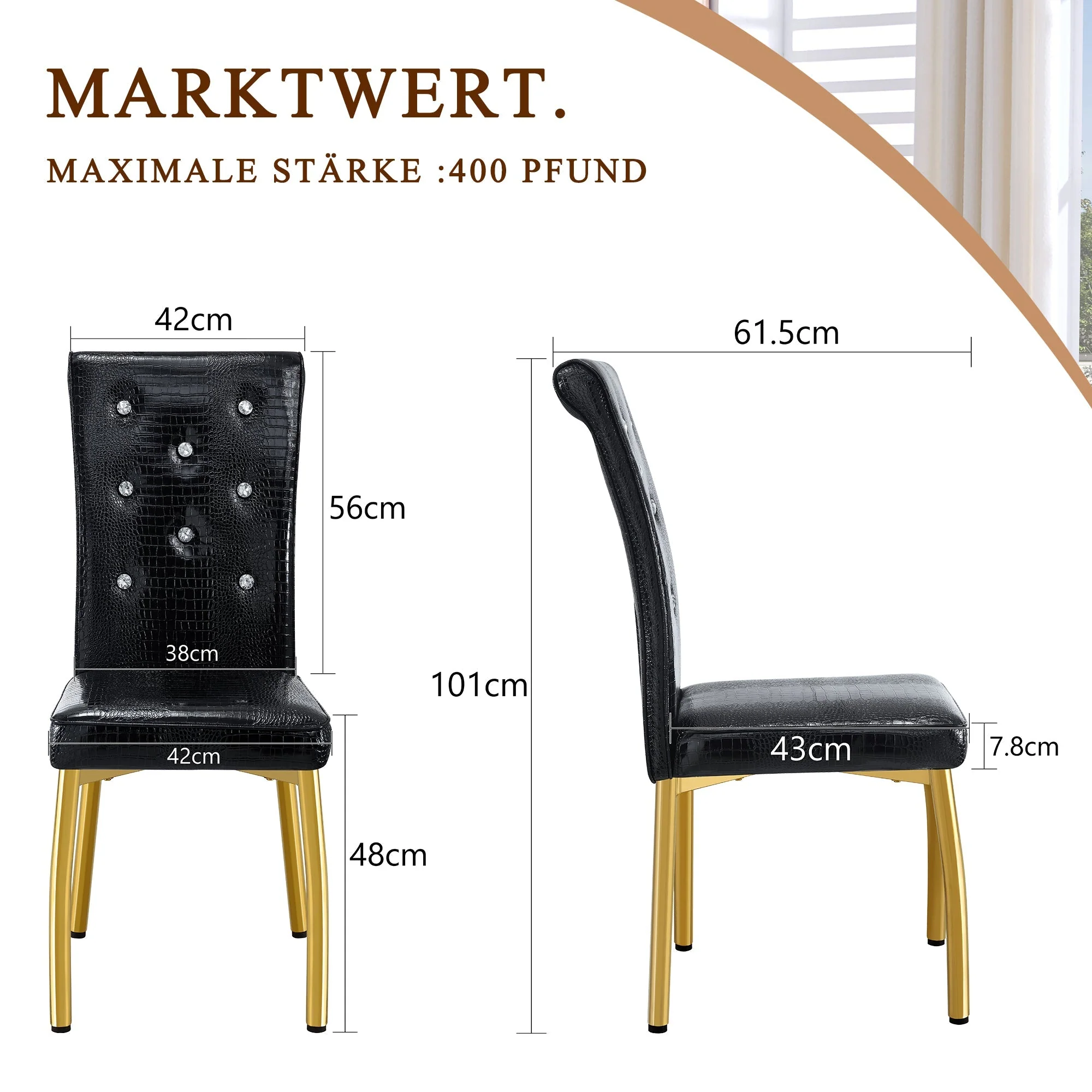 Dining Chairs Set of 2 Retro Upholstered Alligator-Skin Crystal Buckle Gold Legs Faux Leather - Image 7