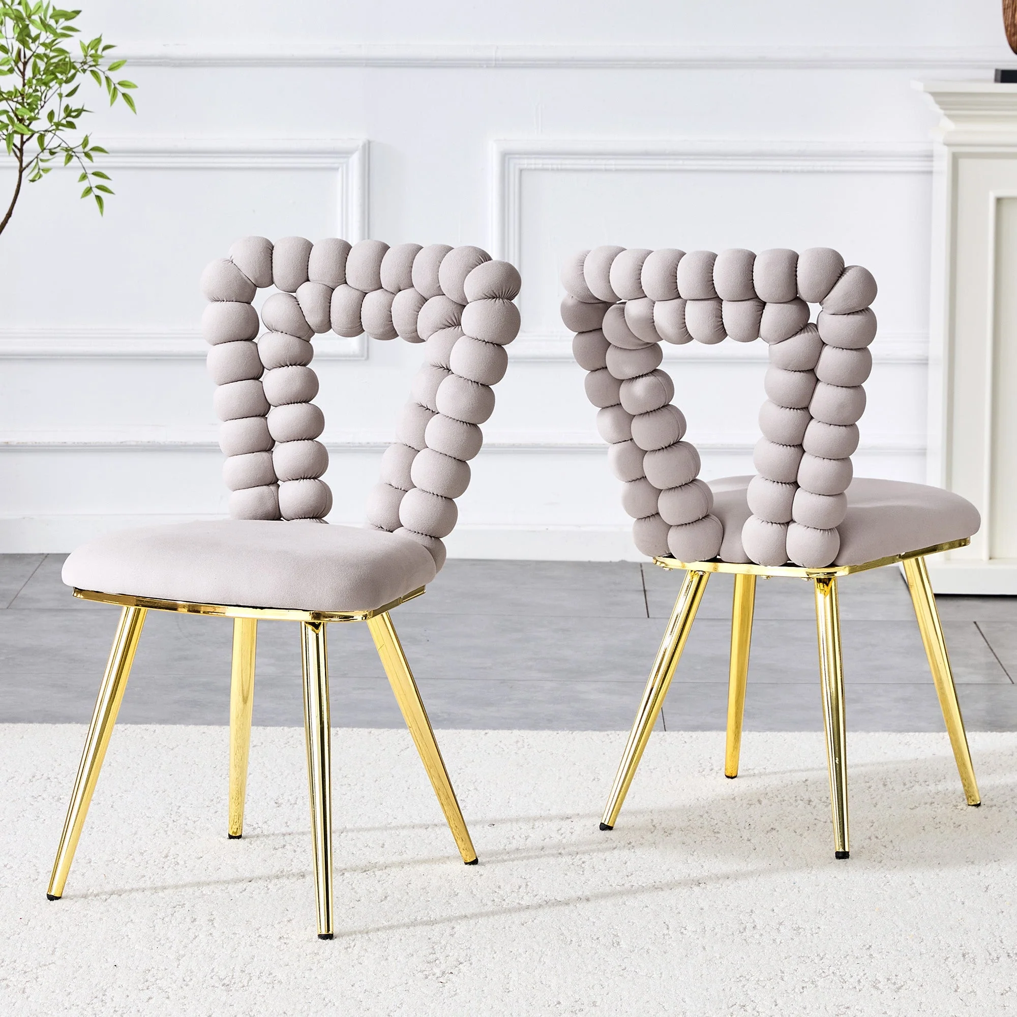 Dining Chairs (Set of 2) Triangular Cutout Backrest Gold Metal Legs - Light Grey Velvet