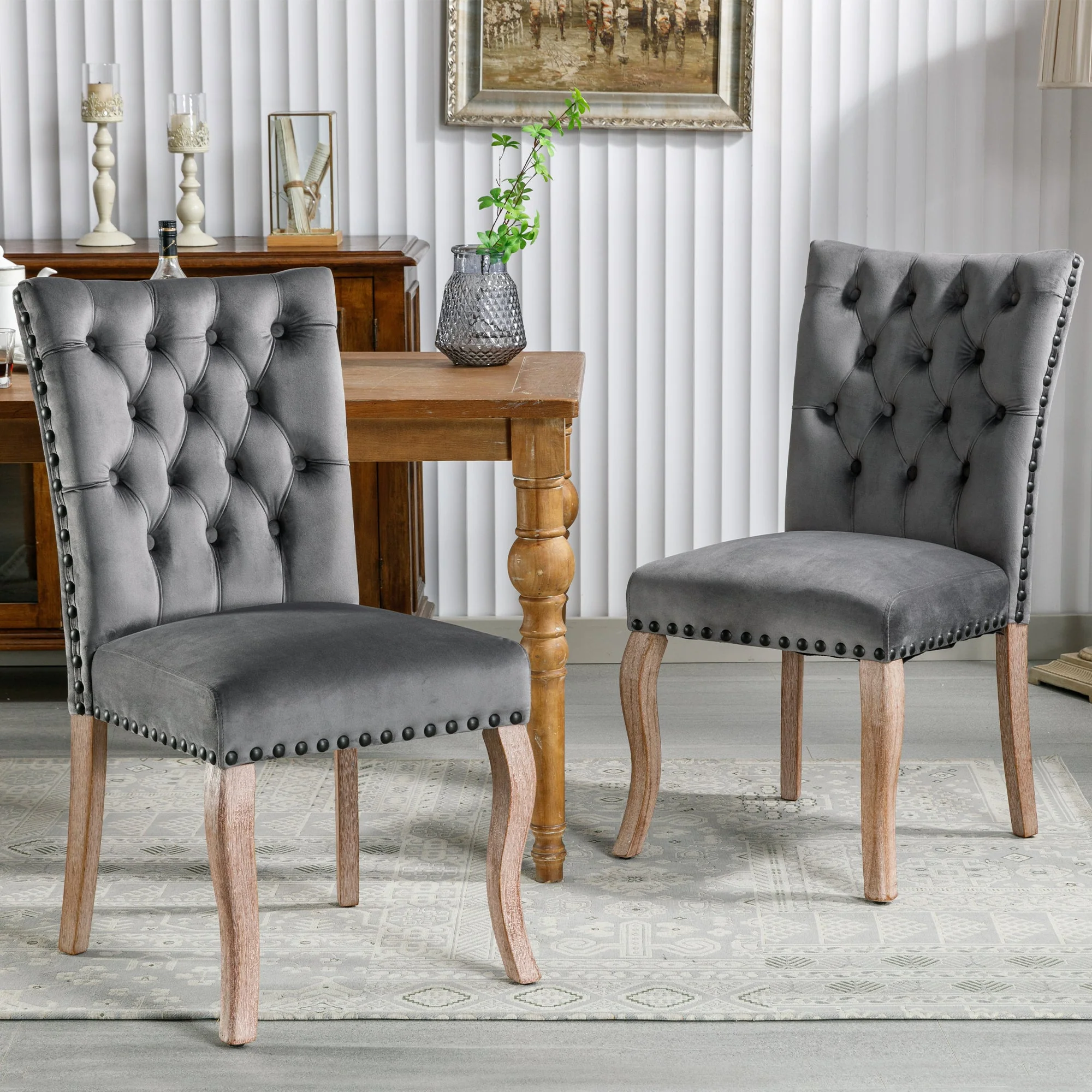 Dining Chairs (Set of 2) Upholstered Door Knocker Back Solid Wood Legs Grey Velvet - Image 6