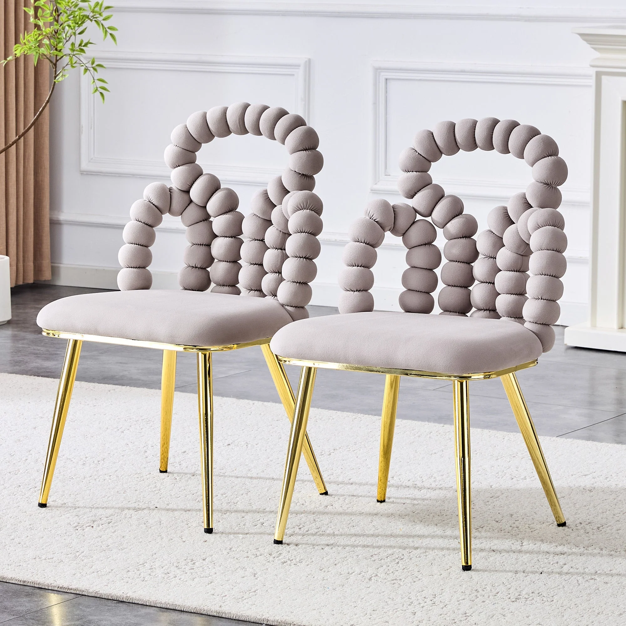 Dining Chairs Set of 2 Velvet Ball Chain Backrests Gold Legs - Light Grey - Image 2