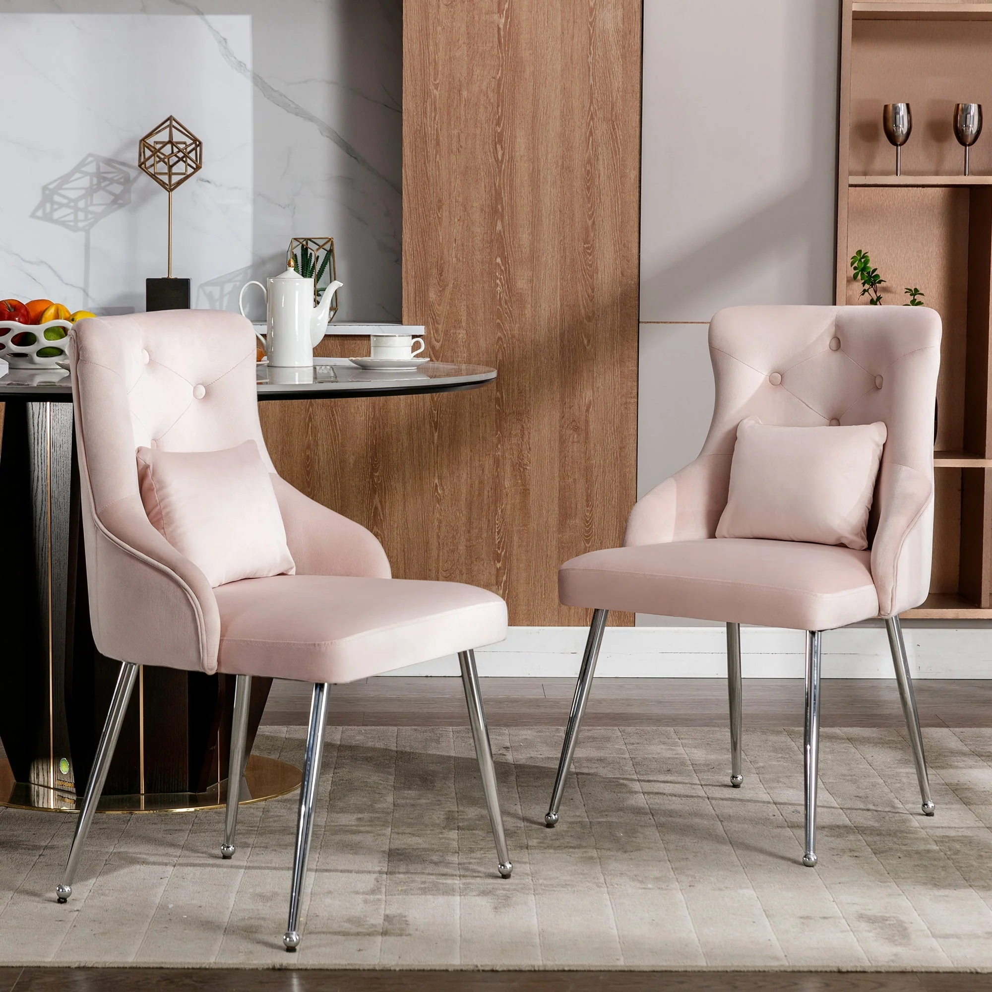 Dining Chairs Set of 2 with Button Pattern and Lumbar Cushion, Pink