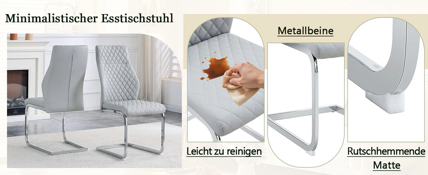 Dining Chairs Set of 2 with High Backrest and Diamond Pattern, Light Grey PU Leather - Image 10