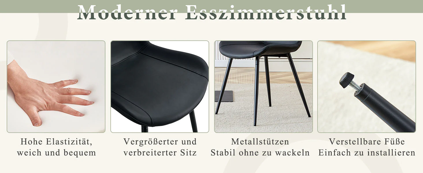 Dining Chairs Set of 4 Modern PU Leather Metal Frame - Black - Image 9