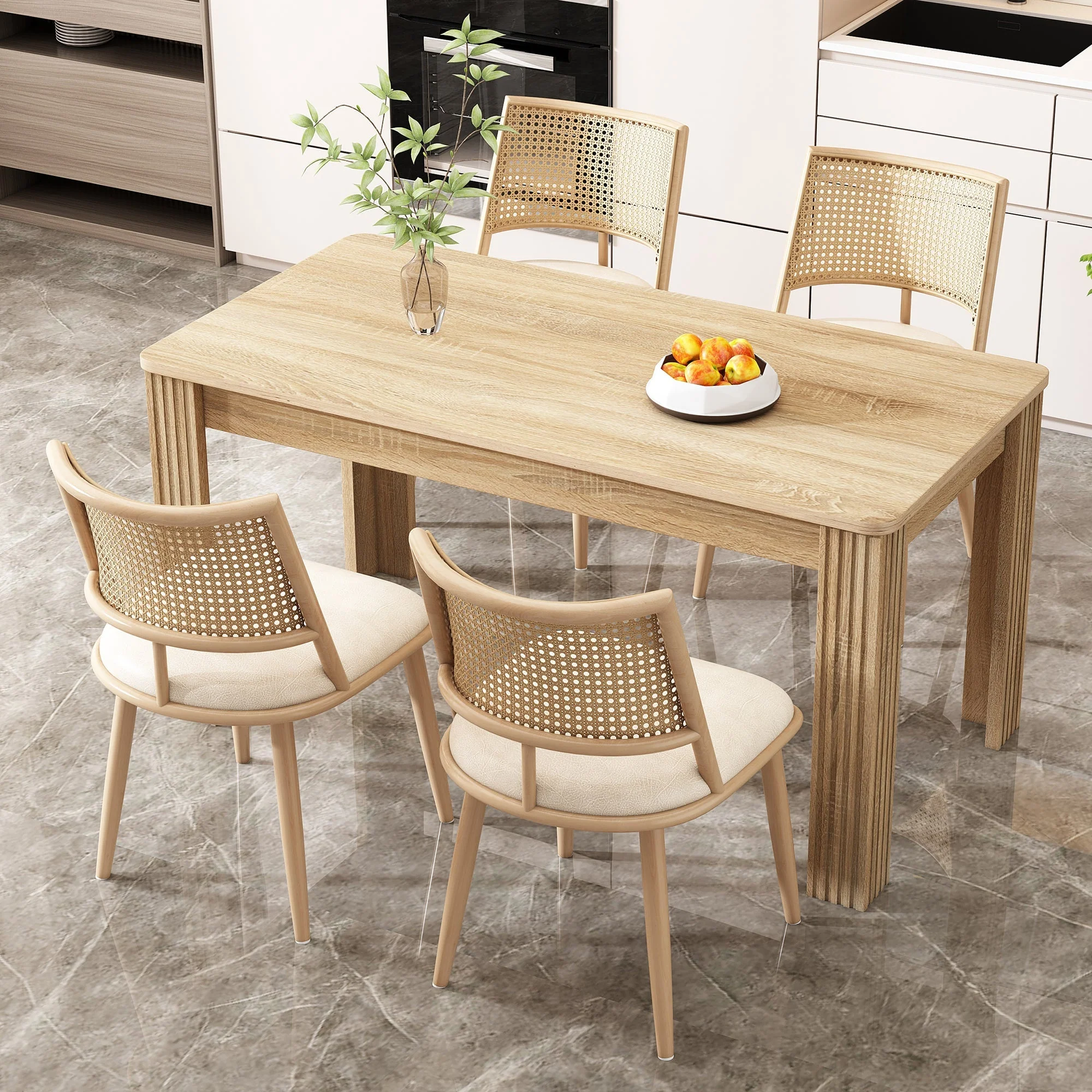 Dining Chairs Set of 4 PU Seat Rattan Backrest - Beige