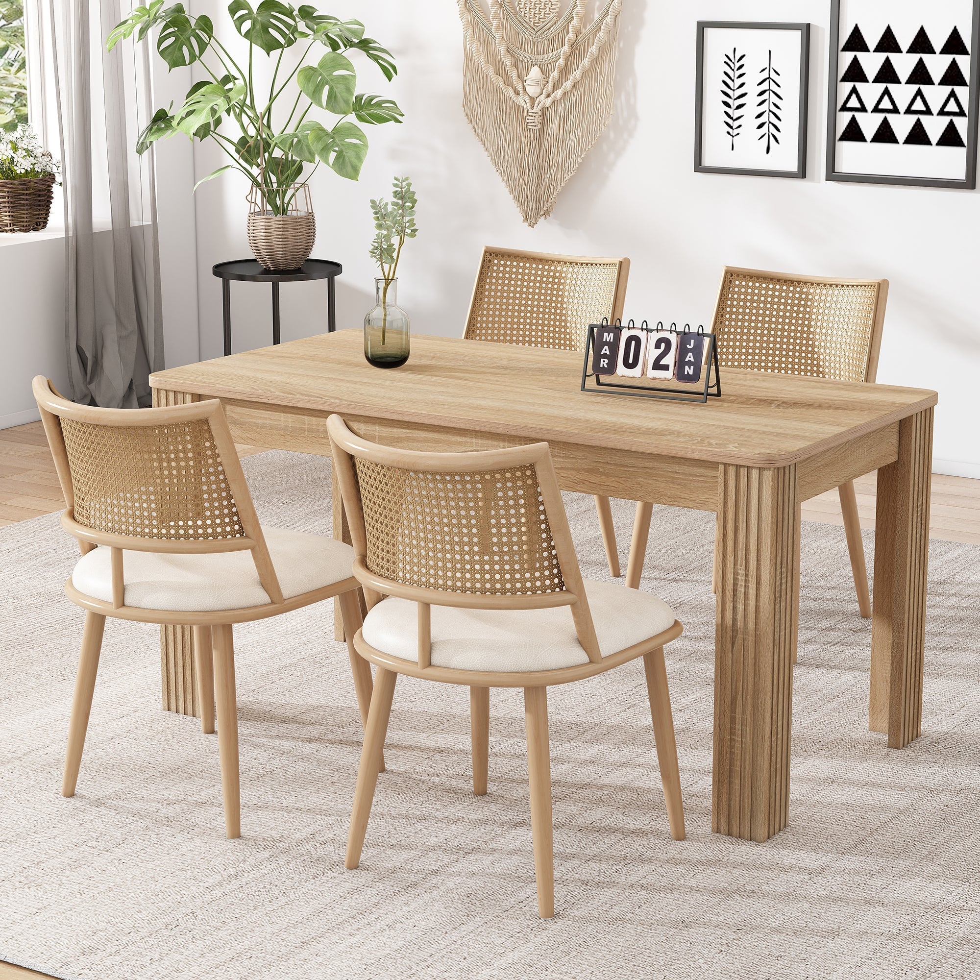 Dining Chairs Set of 4 PU Seat Rattan Backrest - Beige - Image 2
