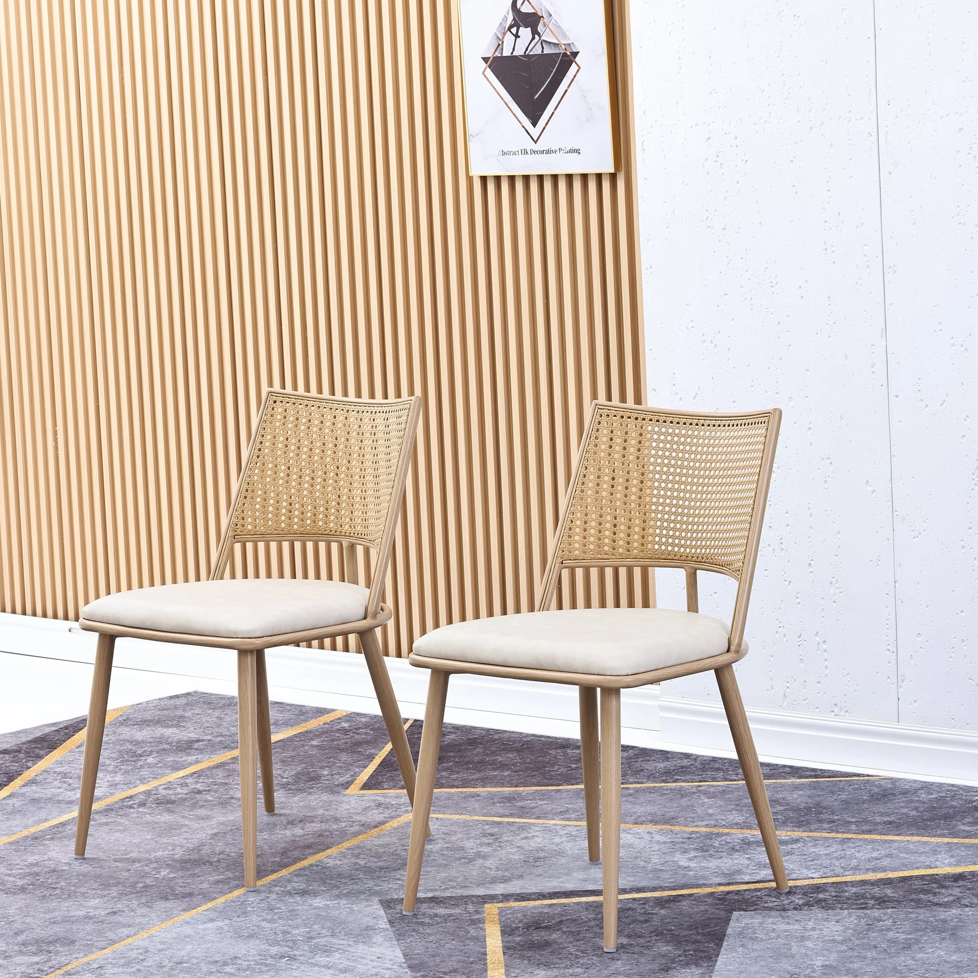 Dining Chairs Set of 4 PU Seat Rattan Backrest - Beige - Image 6
