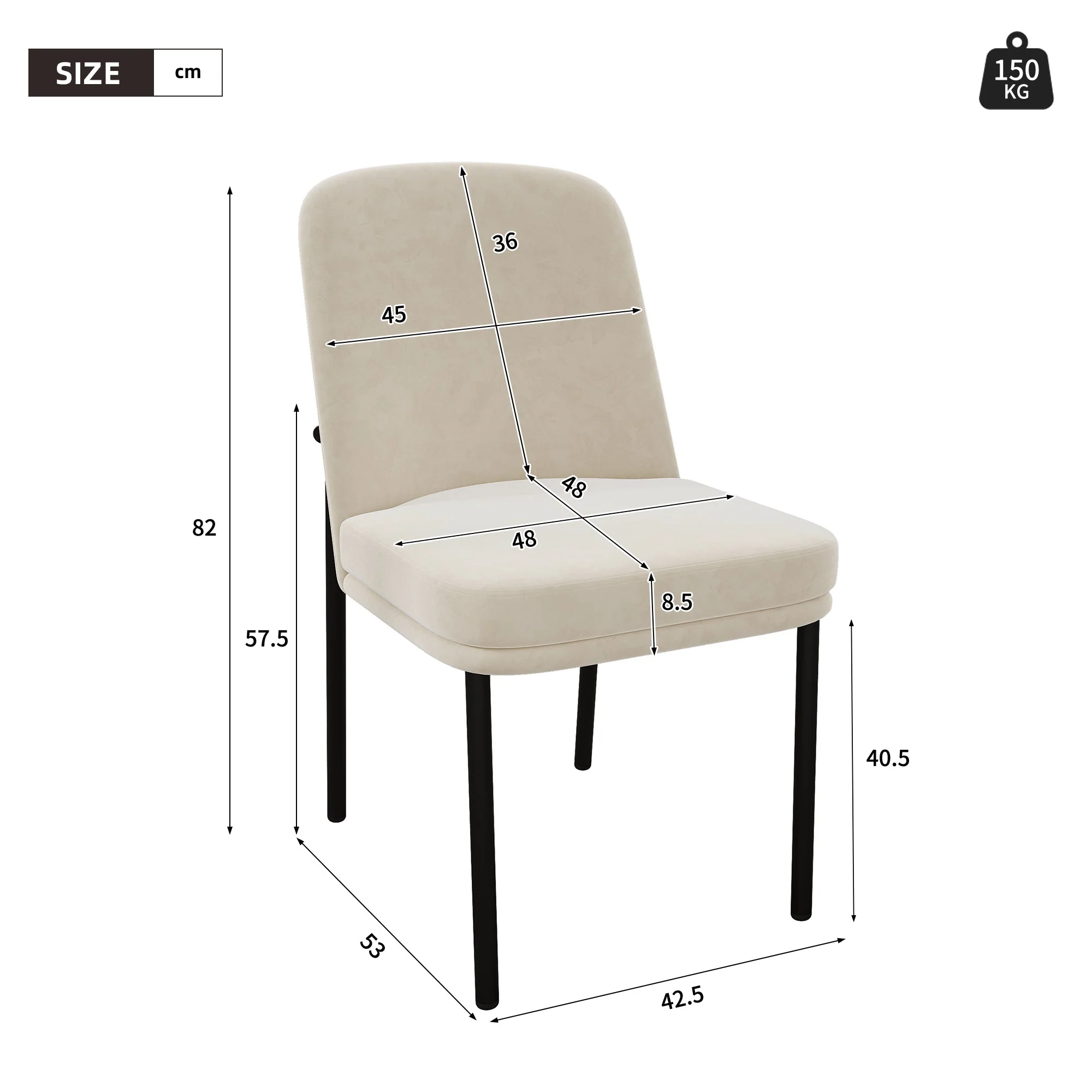 Dining Chairs Set of 4 Thickened Cushions Metal Legs Black Frame - Velvet Beige - Image 4