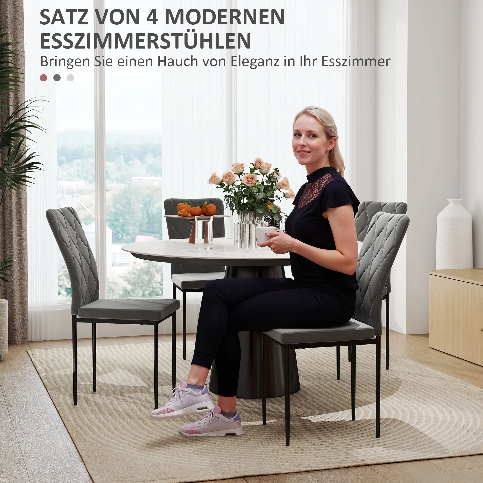 Dining Chairs Set of 4 with Backrest, Metal Legs, Dark Grey Velvet - Image 4