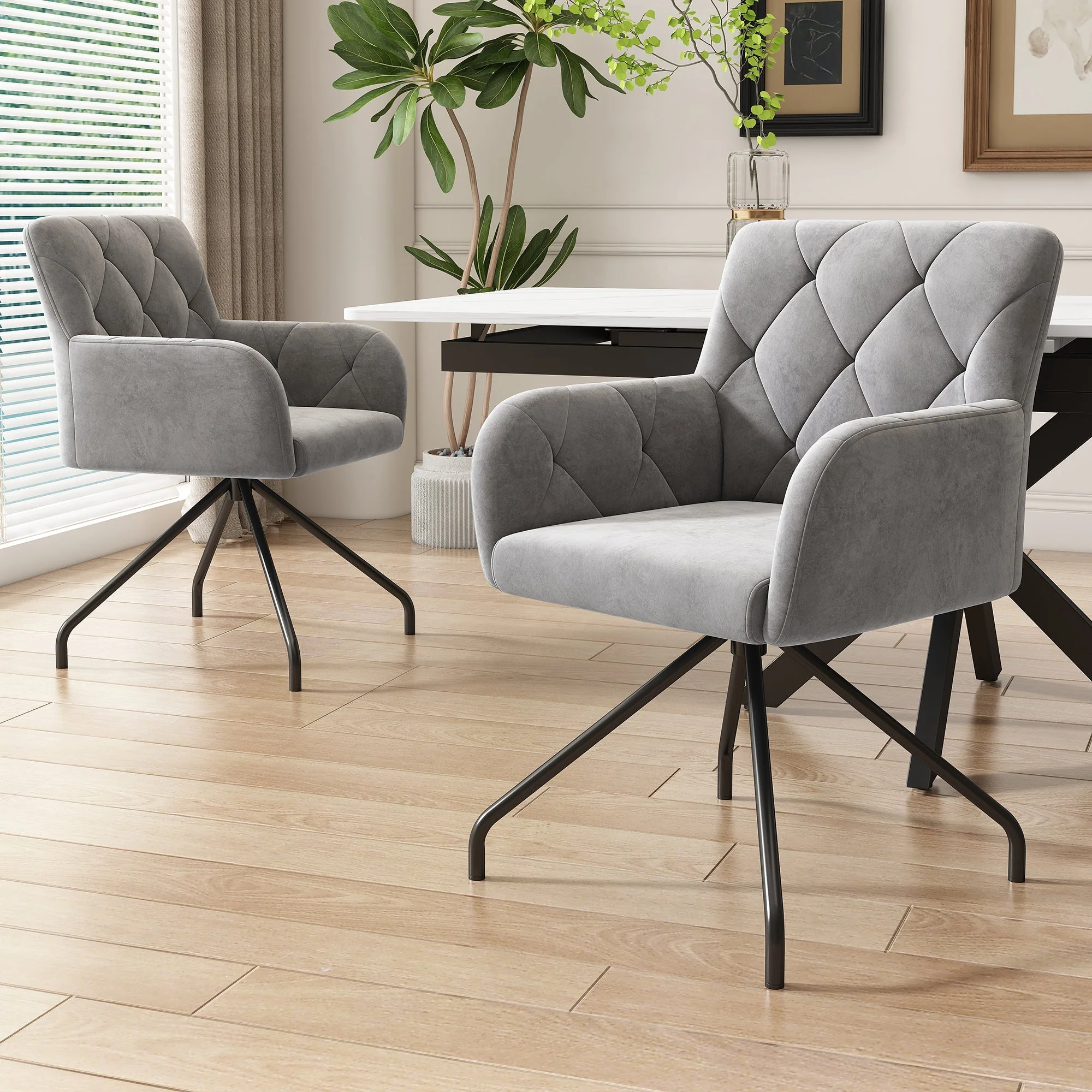 Dining Chairs Set of 4 with Diamond Pattern and Lumbar Support, Light Grey Velvet - Image 3