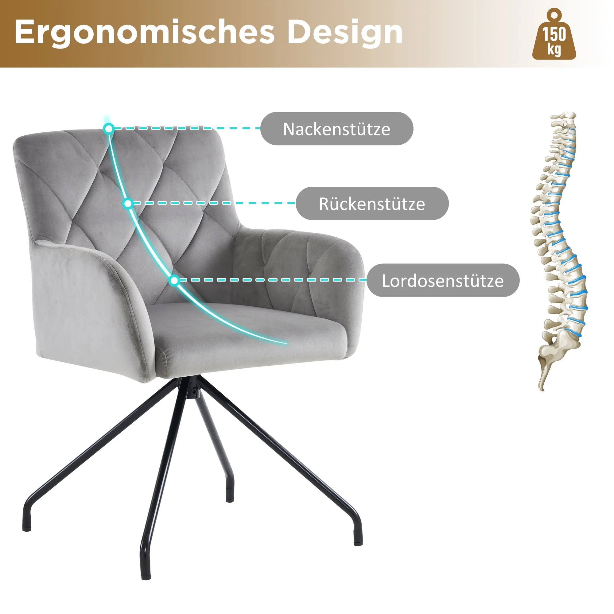 Dining Chairs Set of 4 with Diamond Pattern and Lumbar Support, Light Grey Velvet - Image 5