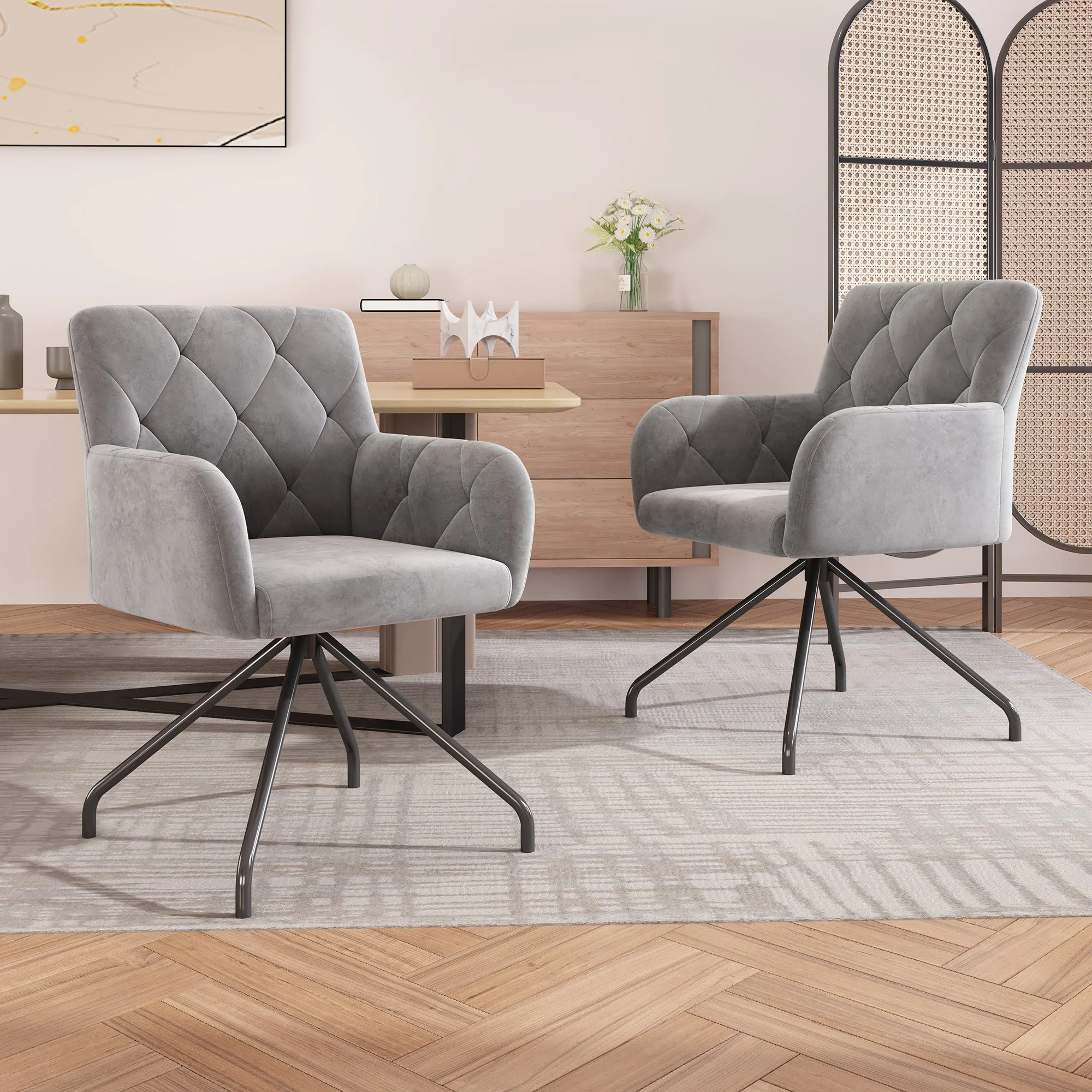 Dining Chairs Set of 4 with Diamond Pattern and Lumbar Support, Light Grey Velvet - Image 8