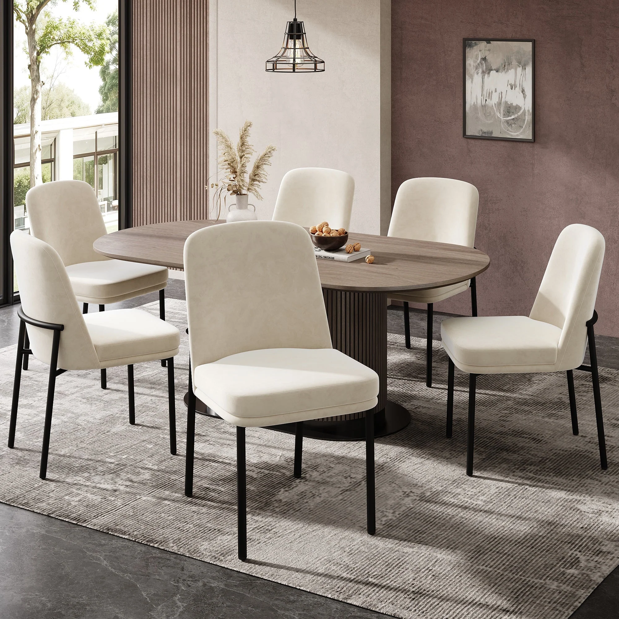 Dining Chairs Set of 6 Black Metal Legs Modern - Beige Velvet