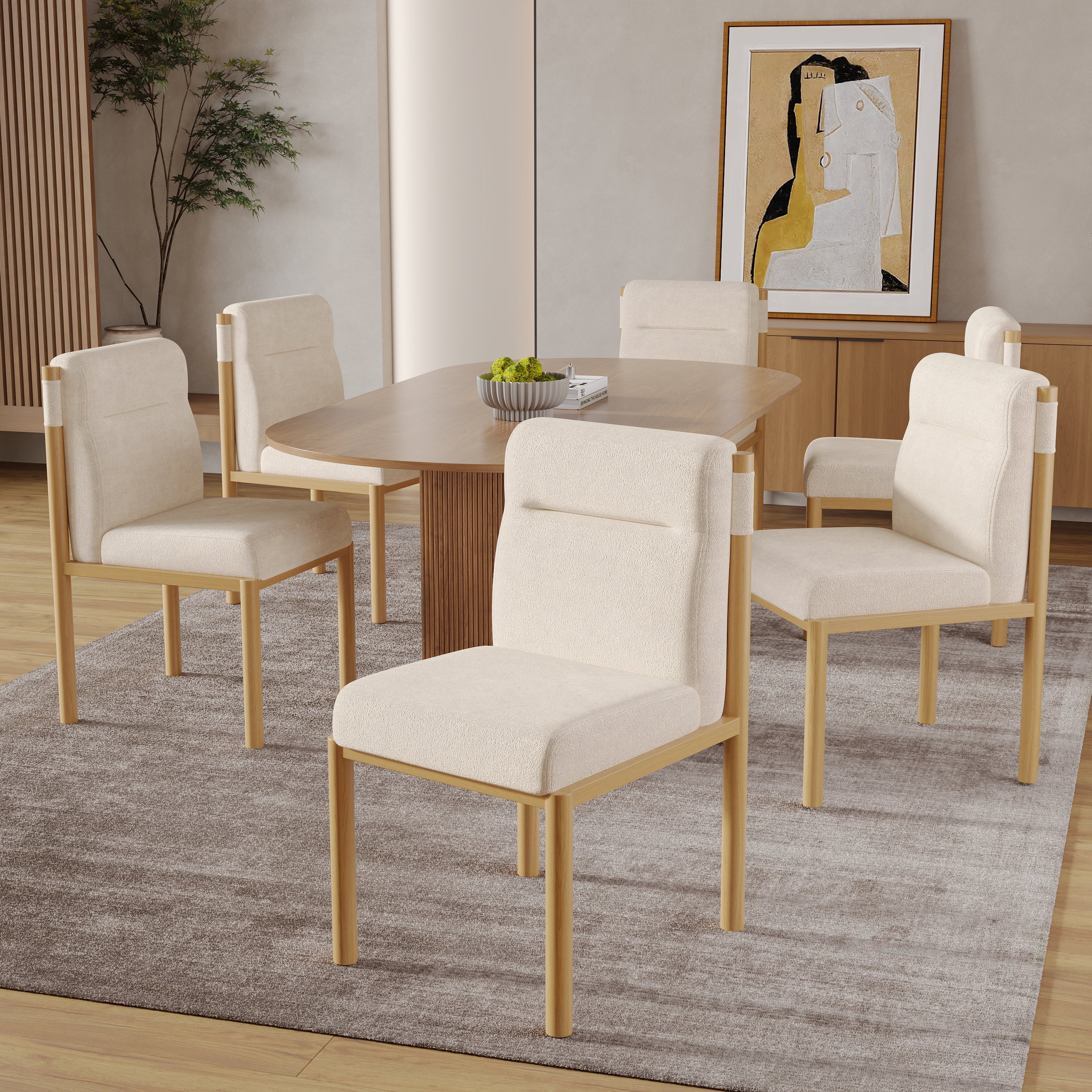 Dining Chairs Set of 6 Modern Oak-Effect Frame Padded Seat - Sherpa Fabric Beige