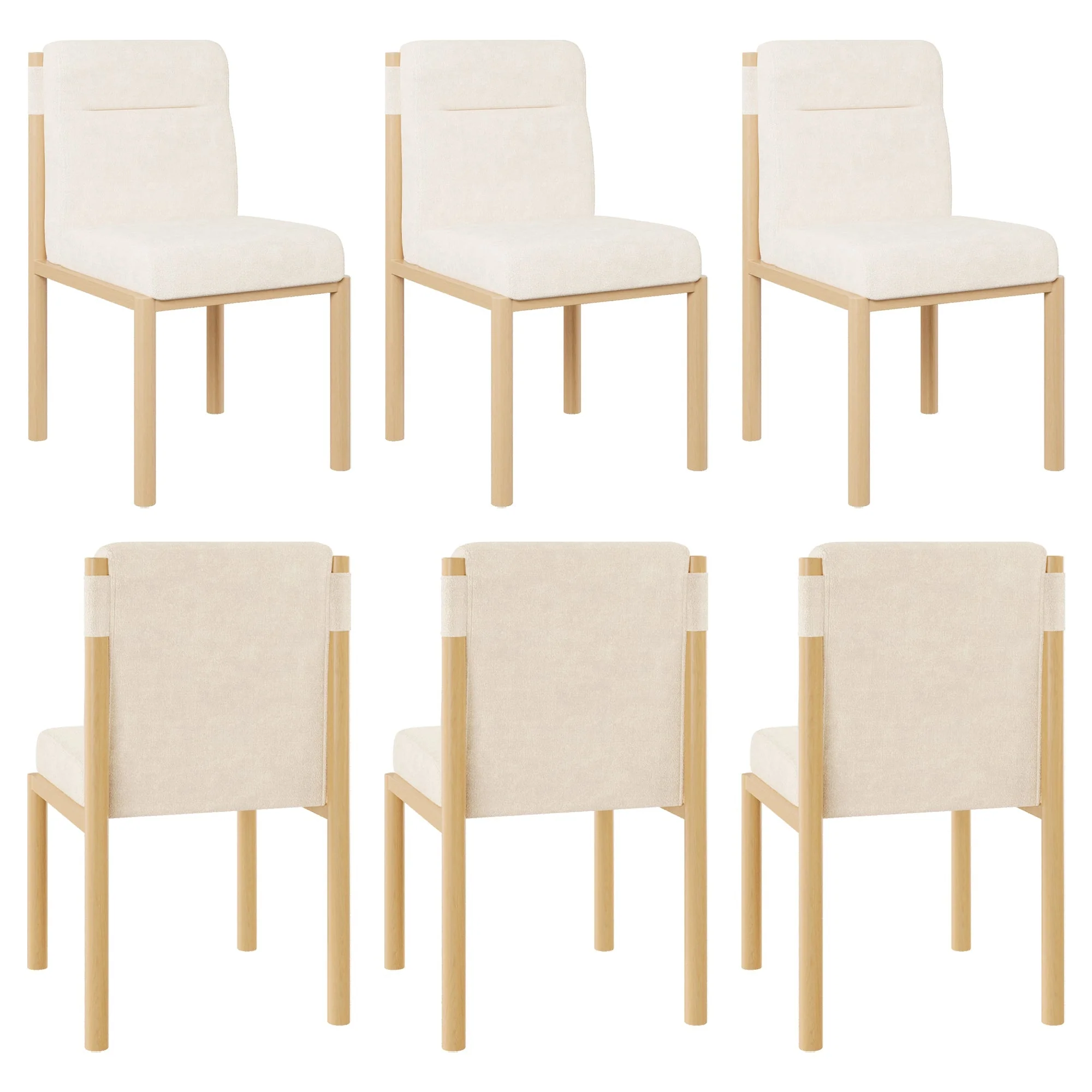 Dining Chairs Set of 6 Modern Oak-Effect Frame Padded Seat - Sherpa Fabric Beige - Image 4