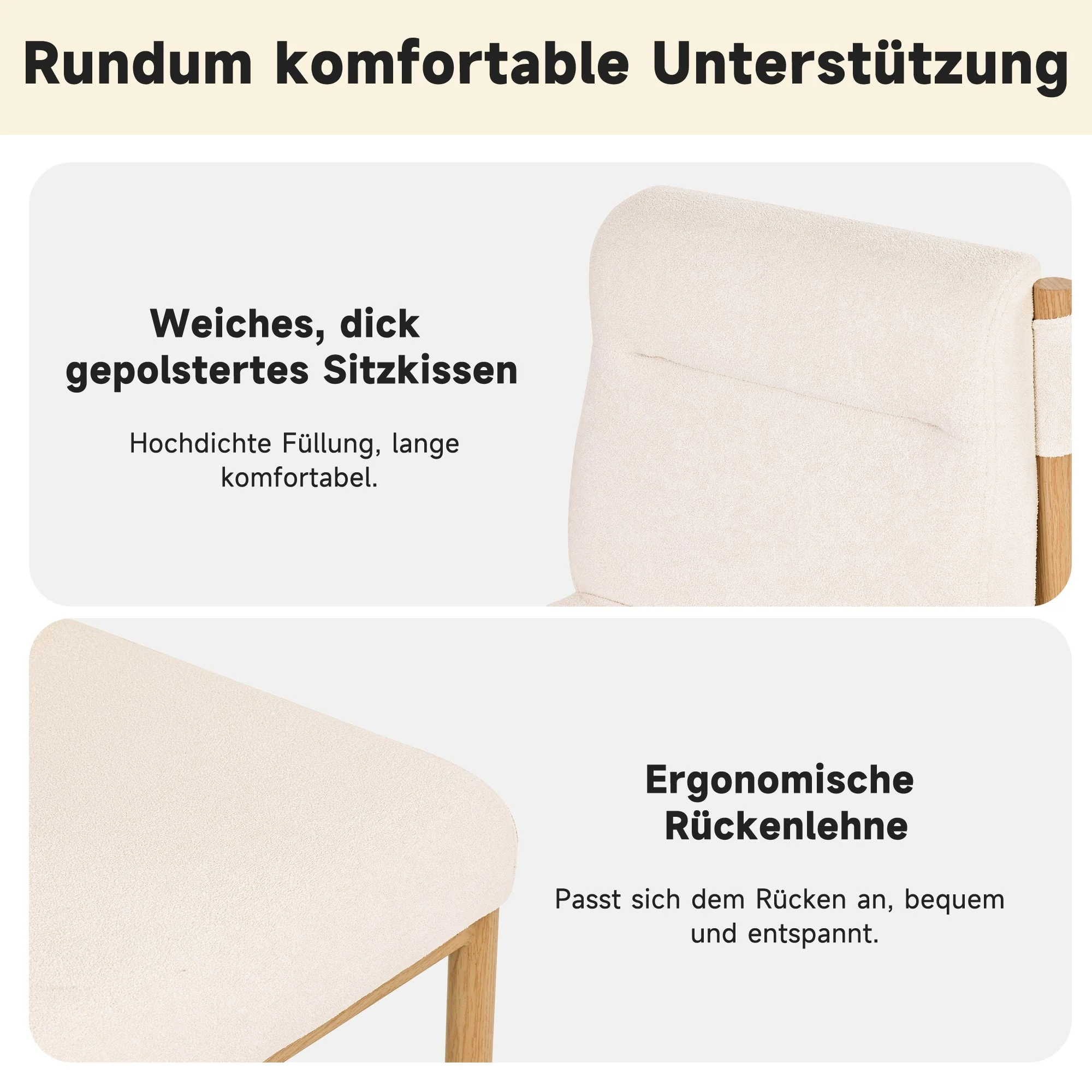 Dining Chairs Set of 6 Modern Oak-Effect Frame Padded Seat - Sherpa Fabric Beige - Image 5