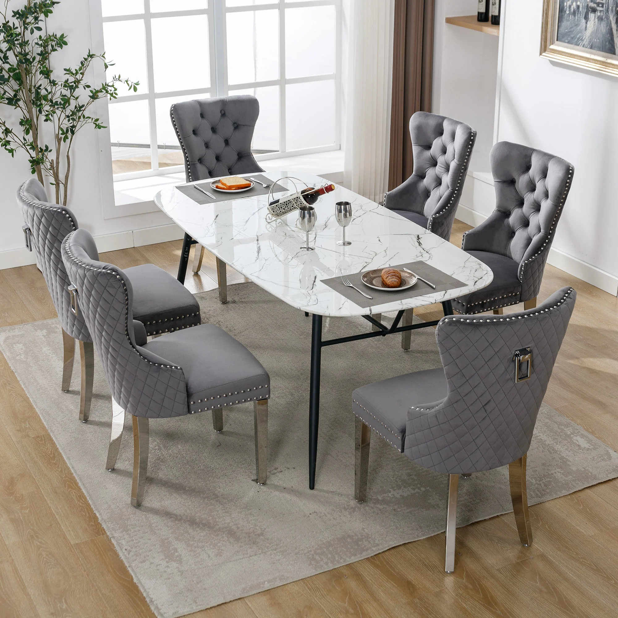Dining Chairs Set of 6 Upholstered Door Knocker Nailhead Trim Grey Velvet - Image 5