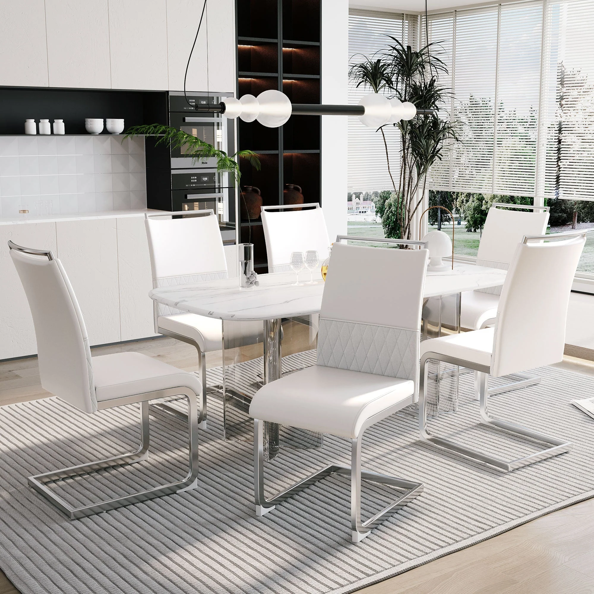 Dining Chairs Set of 6 Upholstered High-Back PU Leather Linen White