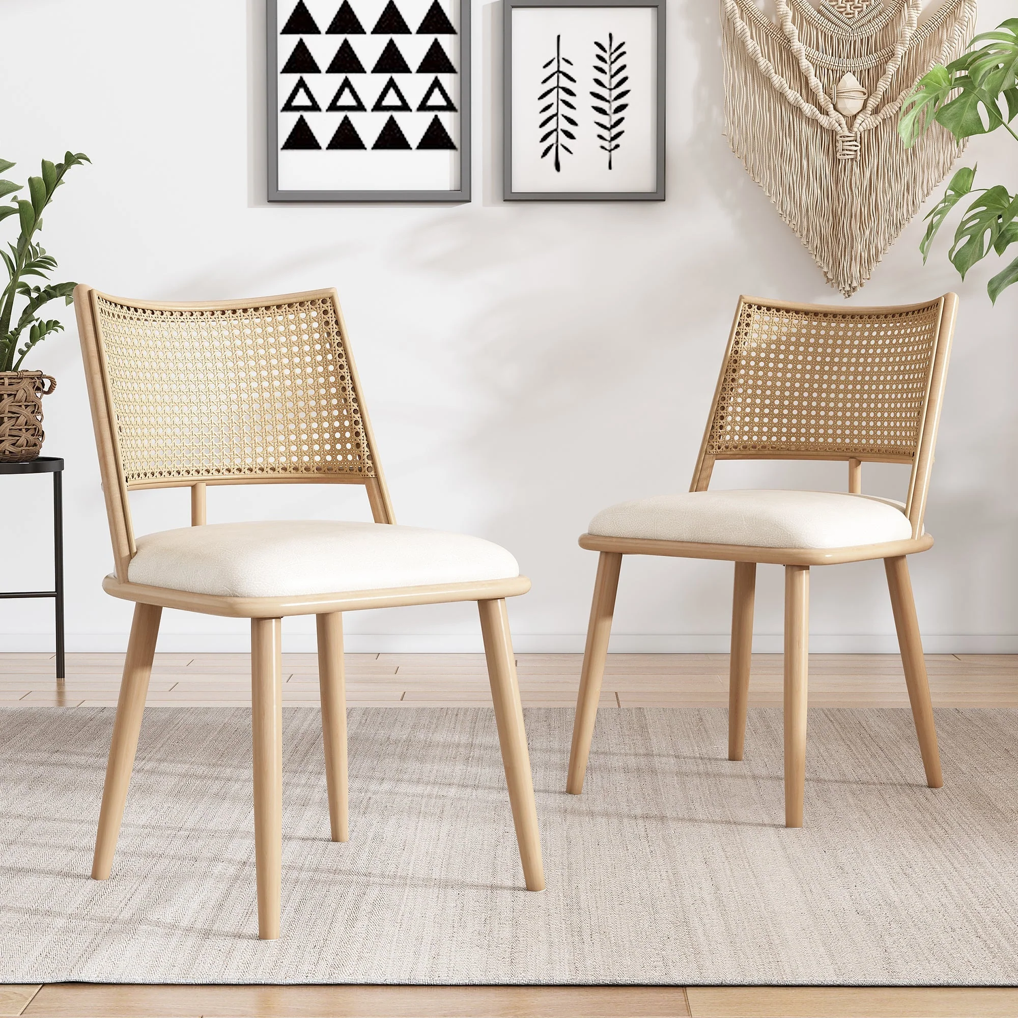 Dining Chairs Set of 6 with PU Seat and Rattan Backrest, Beige - Image 5