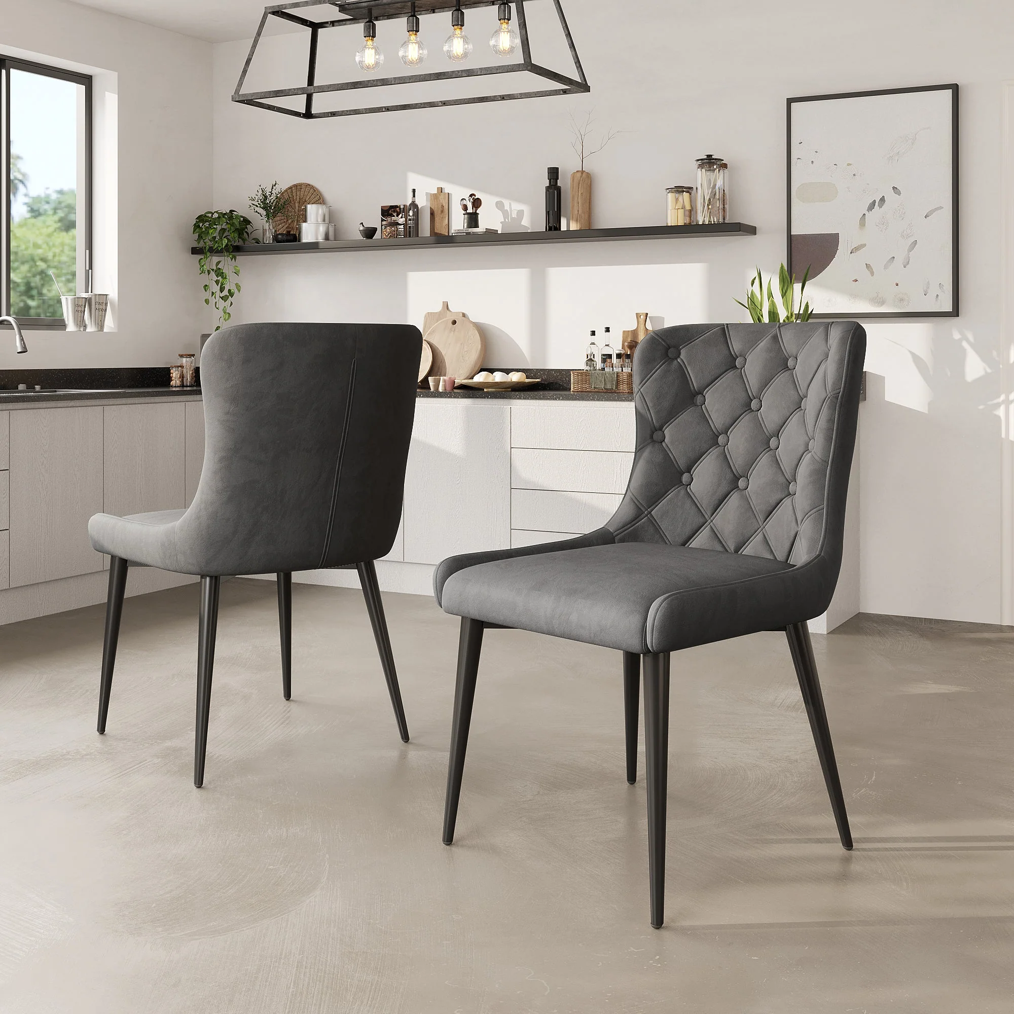 Dining Chairs with Backrest (Set of 2), Velvet Upholstered, Metal, Ergonomic, Dark Gray