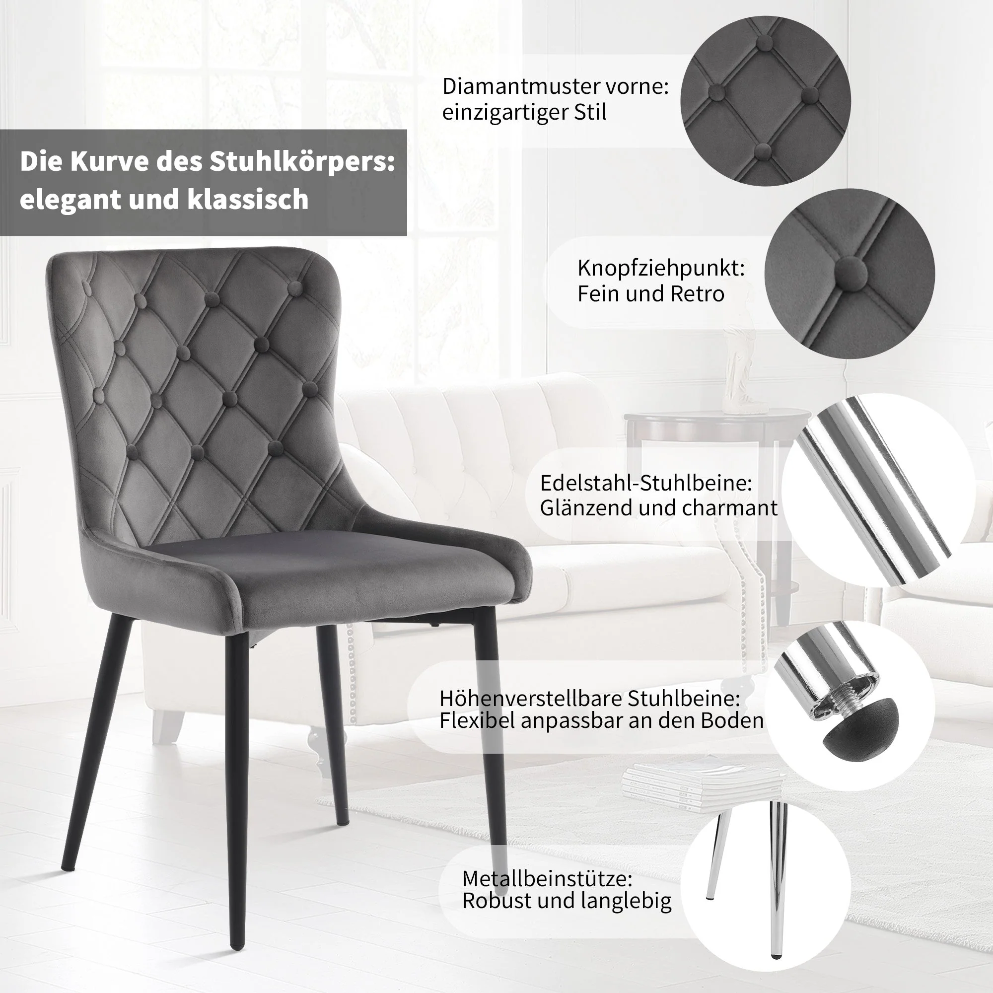 Dining Chairs with Backrest (Set of 2), Velvet Upholstered, Metal, Ergonomic, Dark Gray - Image 7