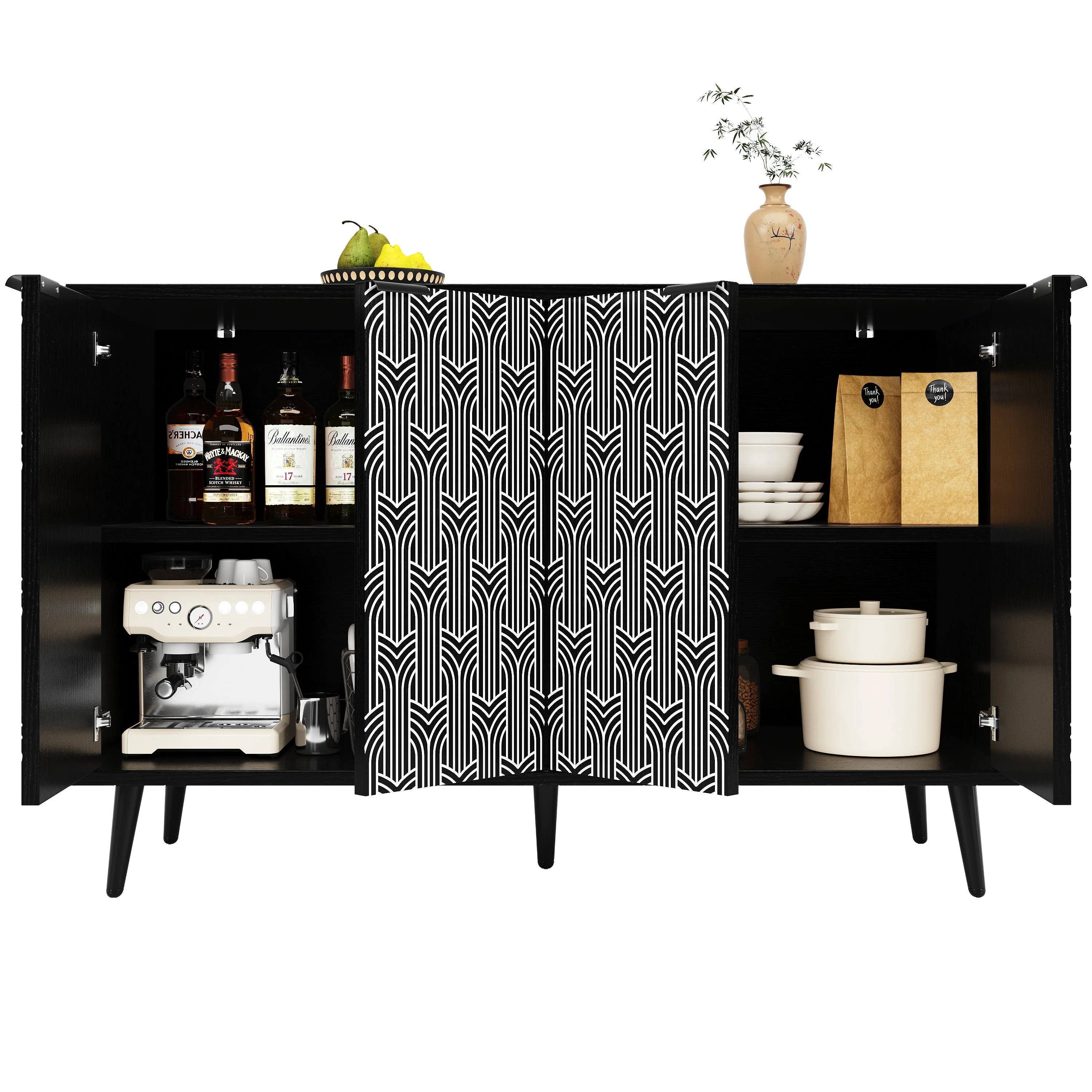 Dining Room Cabinet Freestanding Storage Unique Carved Herringbone Door Black - Image 10