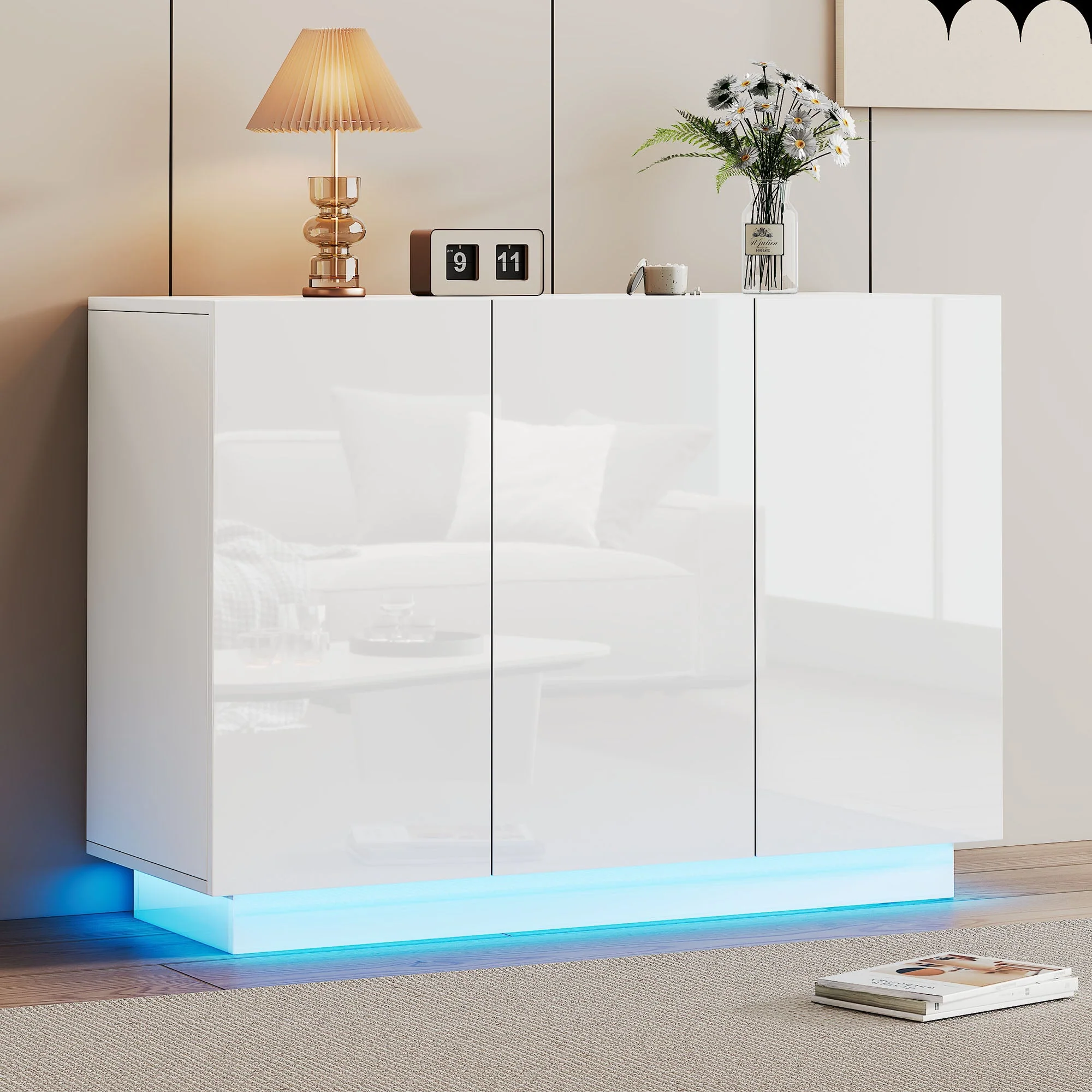 Dining Room Cabinet Sideboard, Open/Closed Storage LED Light, 120x40x75CM, White High-Gloss - Image 4
