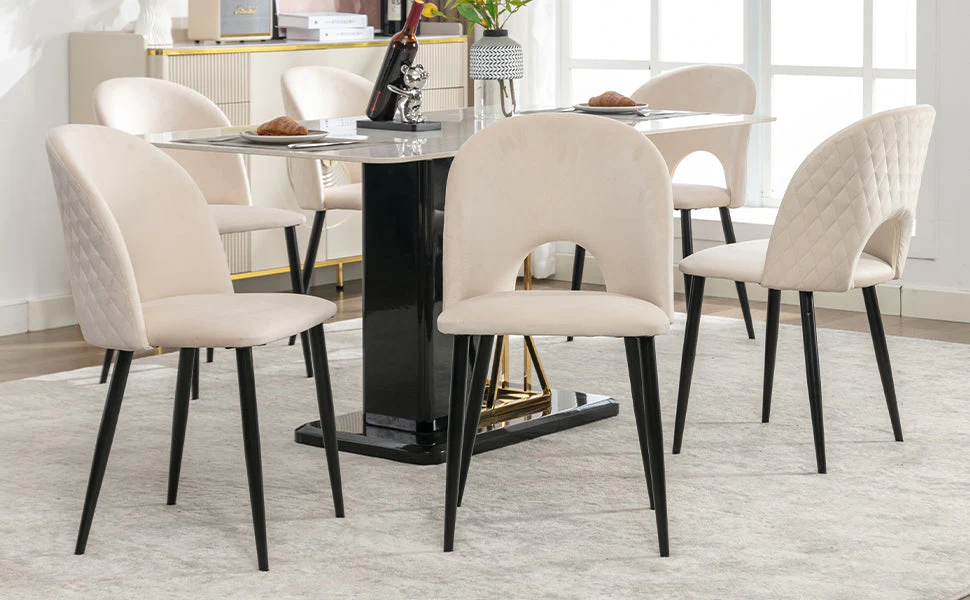 Cream Dining Room Chair (set of 6), Upholstered Backrest, Velvet Seat, Metal Frame, Beige - Image 5