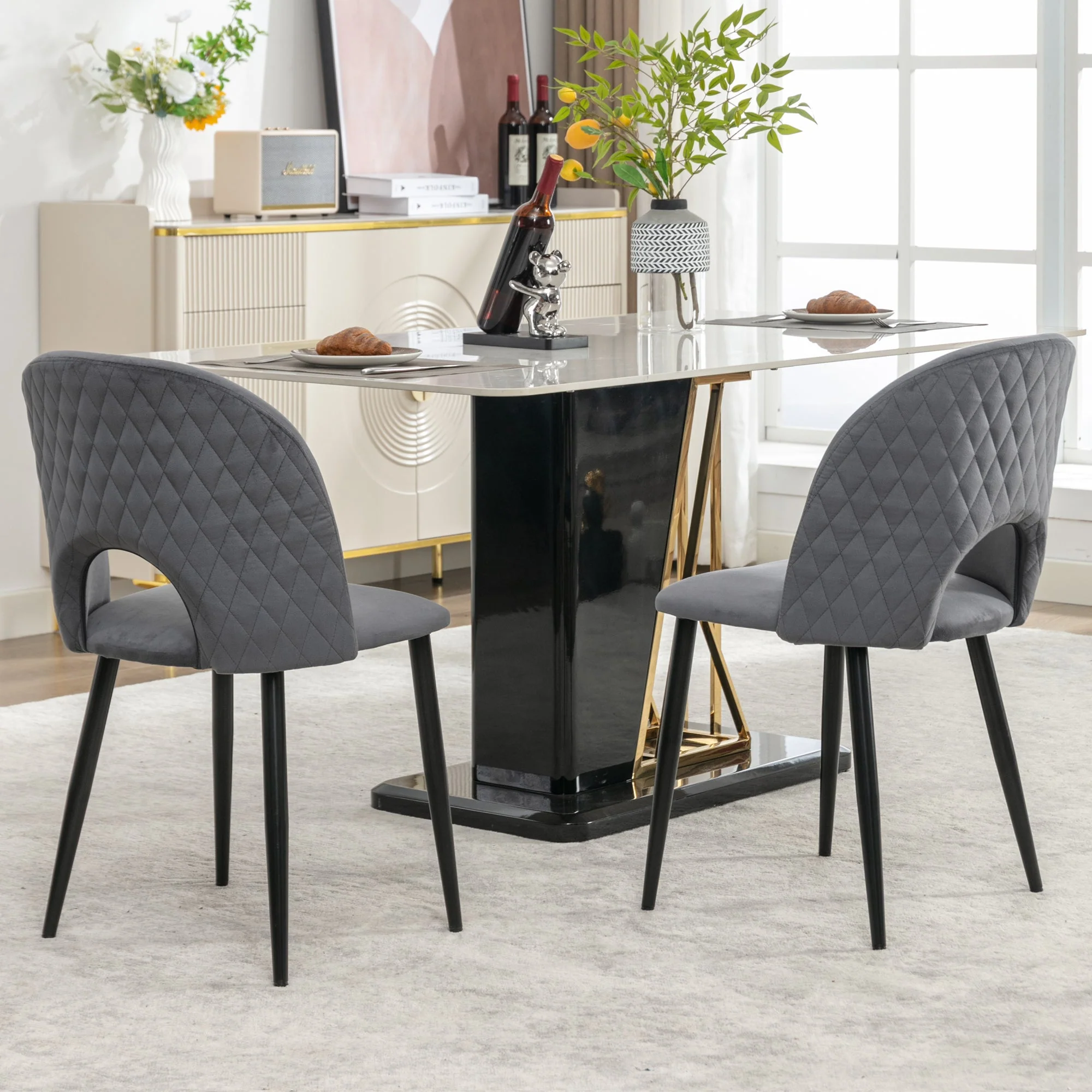 Dining Room Chair, Upholstered Design with Diamond Pattern, Gray Velvet - Image 2
