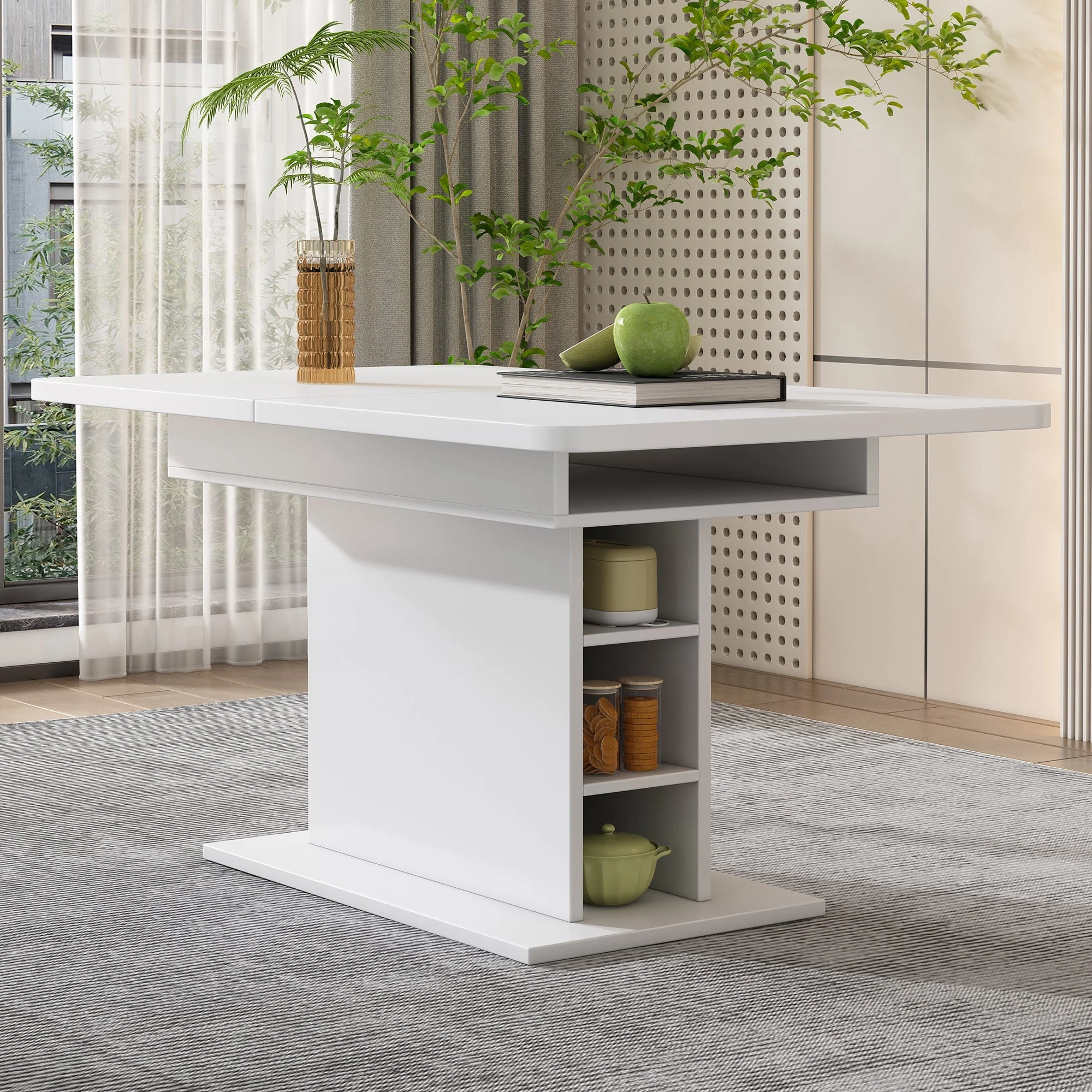 Dining Room Set with Extendable Storage Table and 4 Velvet Chairs, White - Image 4