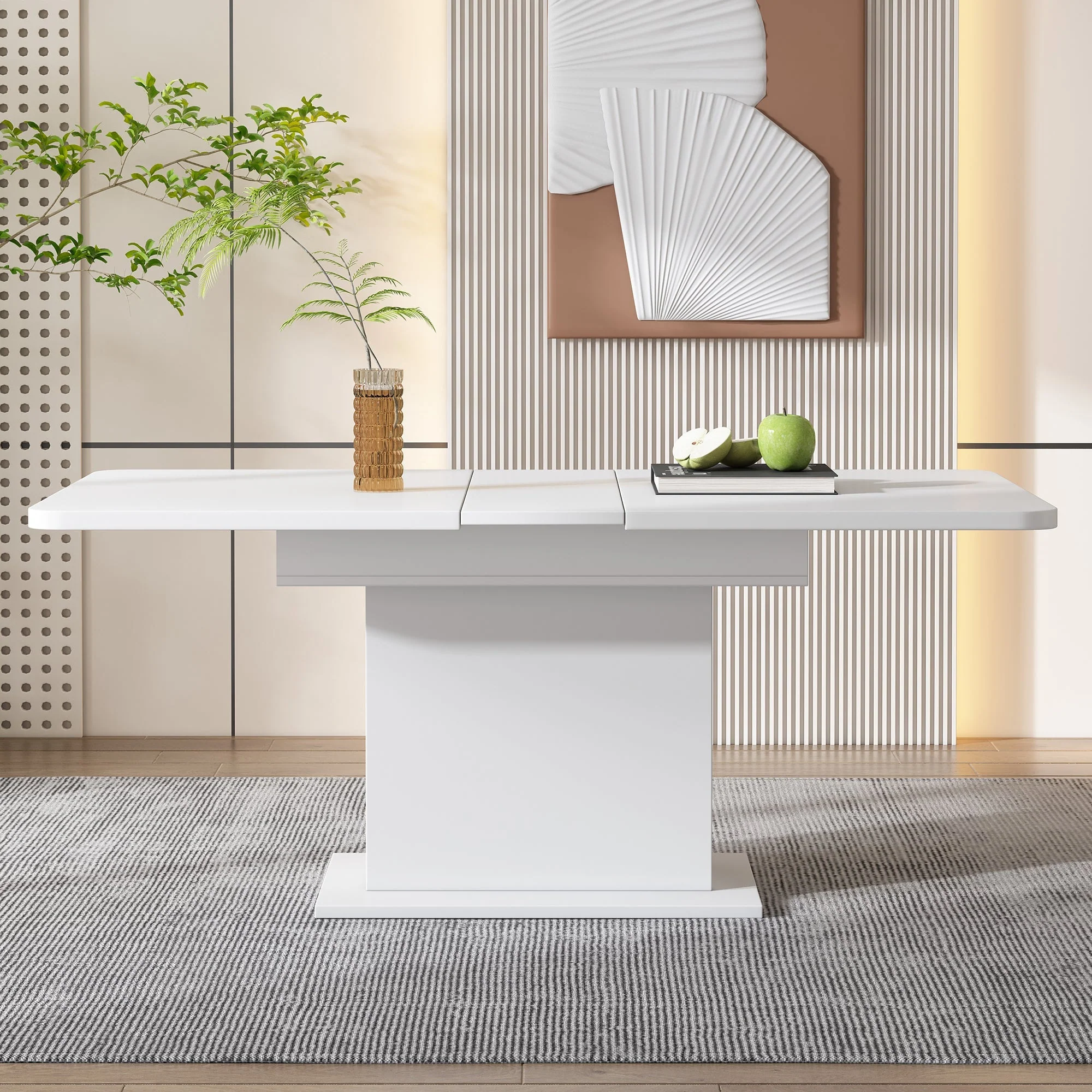 Dining Room Set with Extendable Storage Table and 4 Velvet Chairs, White - Image 5