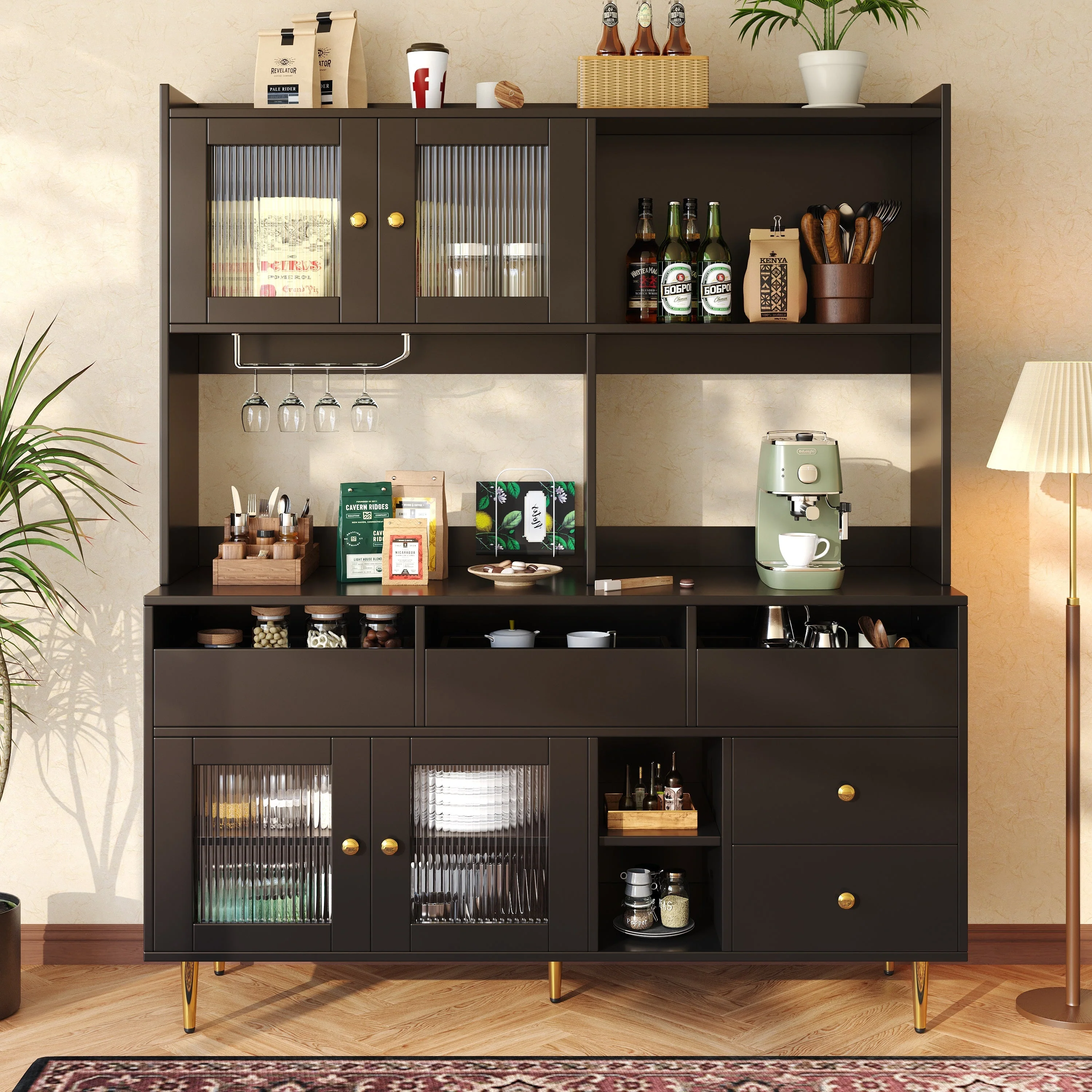 Dining Room Tall Cabinet 145x39x171cm Perforated Glass Doors Wine Rack Storage - Black/Gold