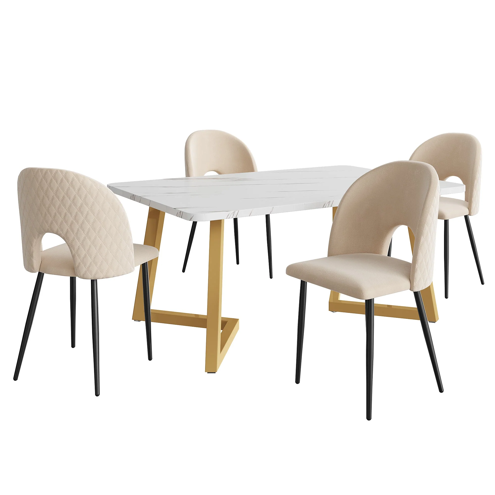 Dining Set, 117×68cm Table with 4 Chairs, Beige Velvet & Gold - Image 4