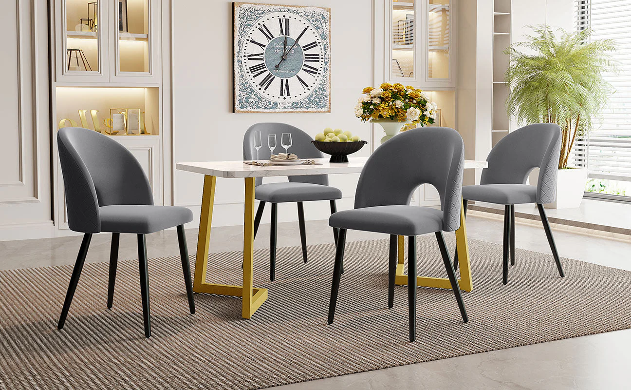 Dining Set, 117x68cm Table with 4 Chairs, Gray Velvet, Golden Legs - Image 2