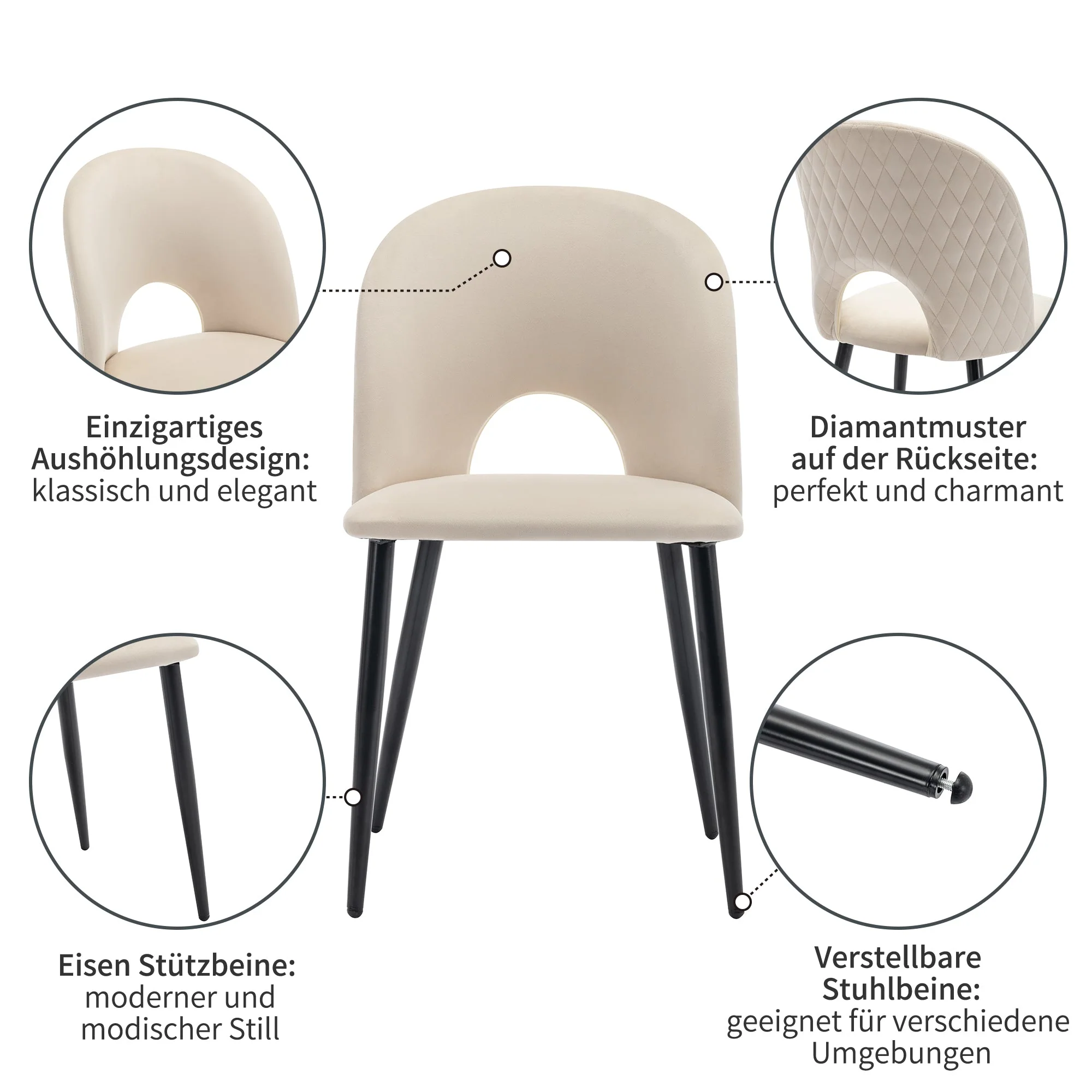 Dining Set, 140x80cm Table with 4 Chairs, Beige Velvet & White MDF - Image 8