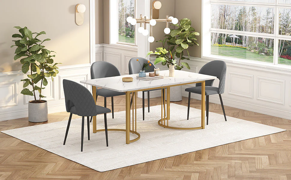 Dining Set, 140x80cm Table with 4 Chairs, Velvet Gray & White MDF - Image 2