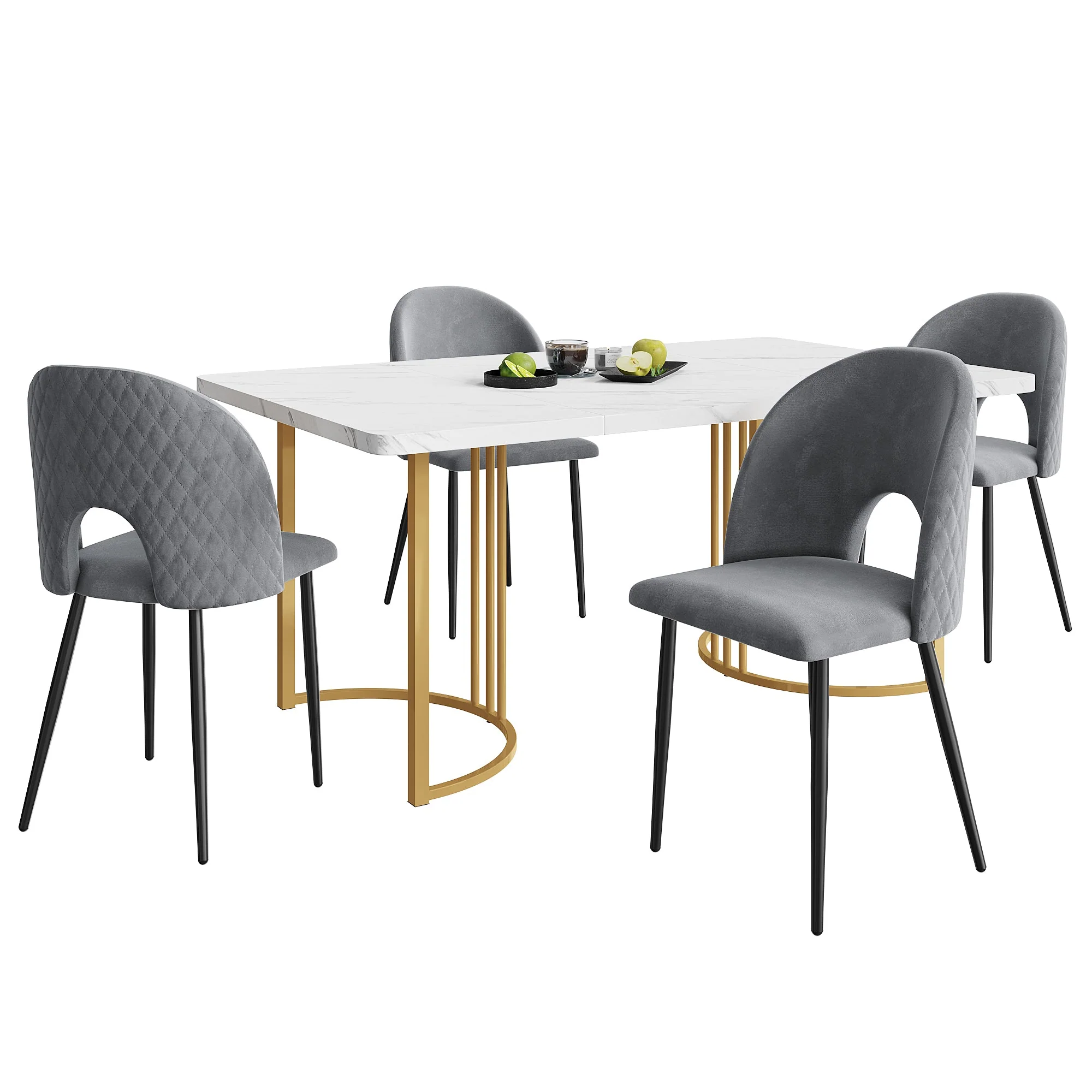 Dining Set, 140x80cm Table with 4 Chairs, Velvet Gray & White MDF - Image 3